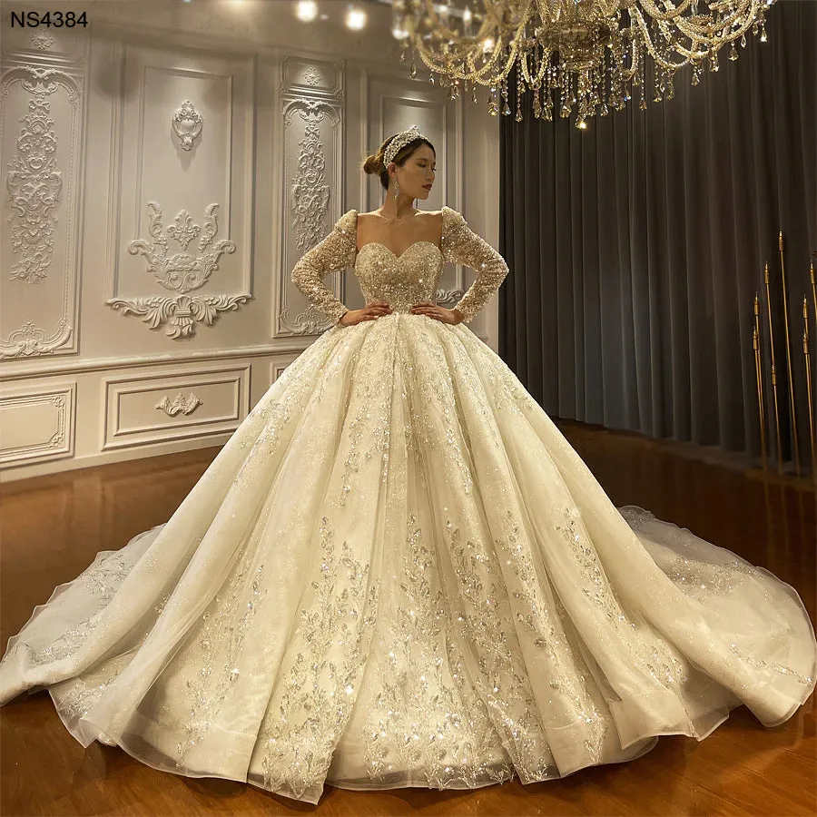 AM1294 Long Sleeve Sequin Lace Sweetheart Ball Gown Wedding Dress