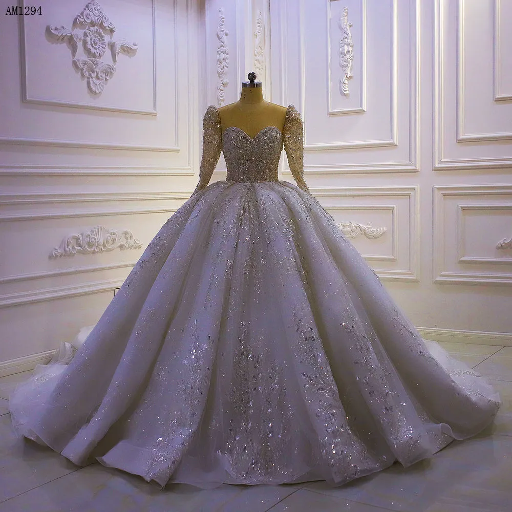 AM1294 Long Sleeve Sequin Lace Sweetheart Ball Gown Wedding Dress