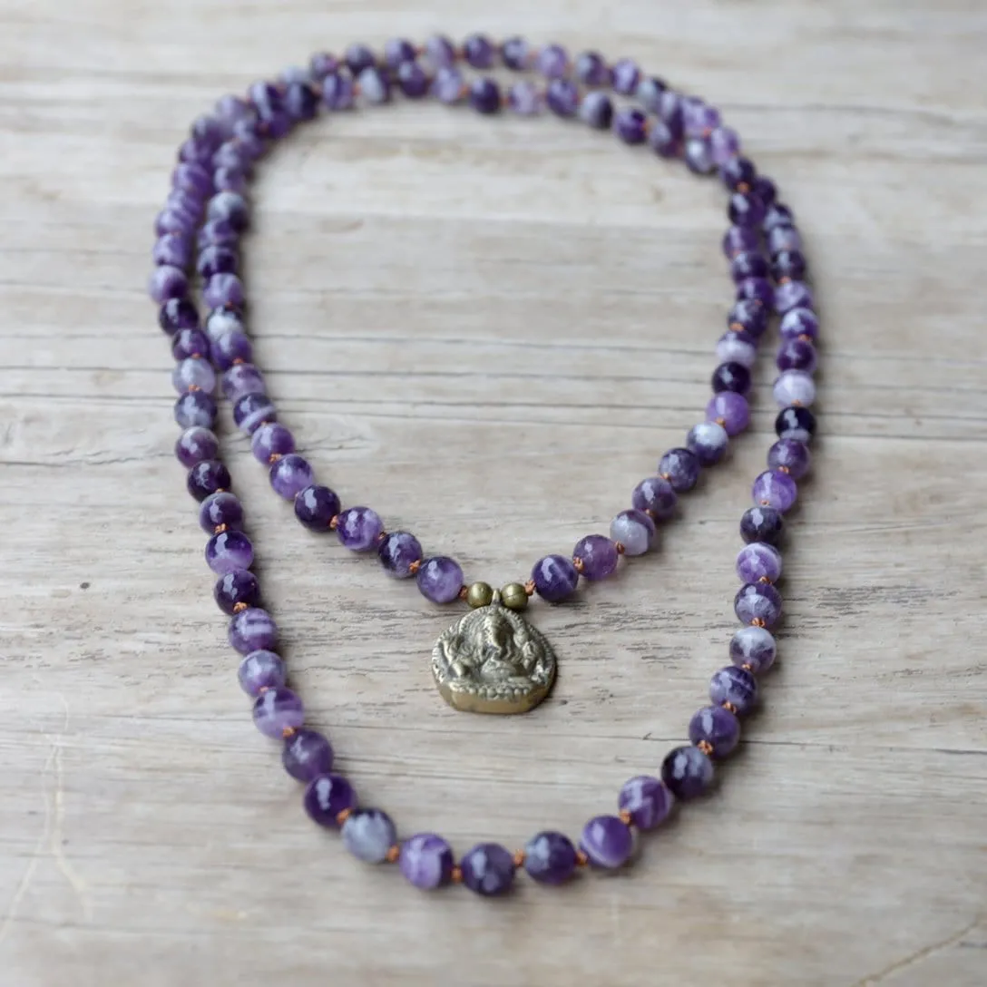 Amethyst Hand Knotted Mala Necklace with Ganesh 'Success' Pendant