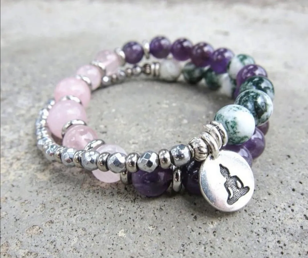 Amethyst, Tree Agate, Pink Quartz Mala Bracelet