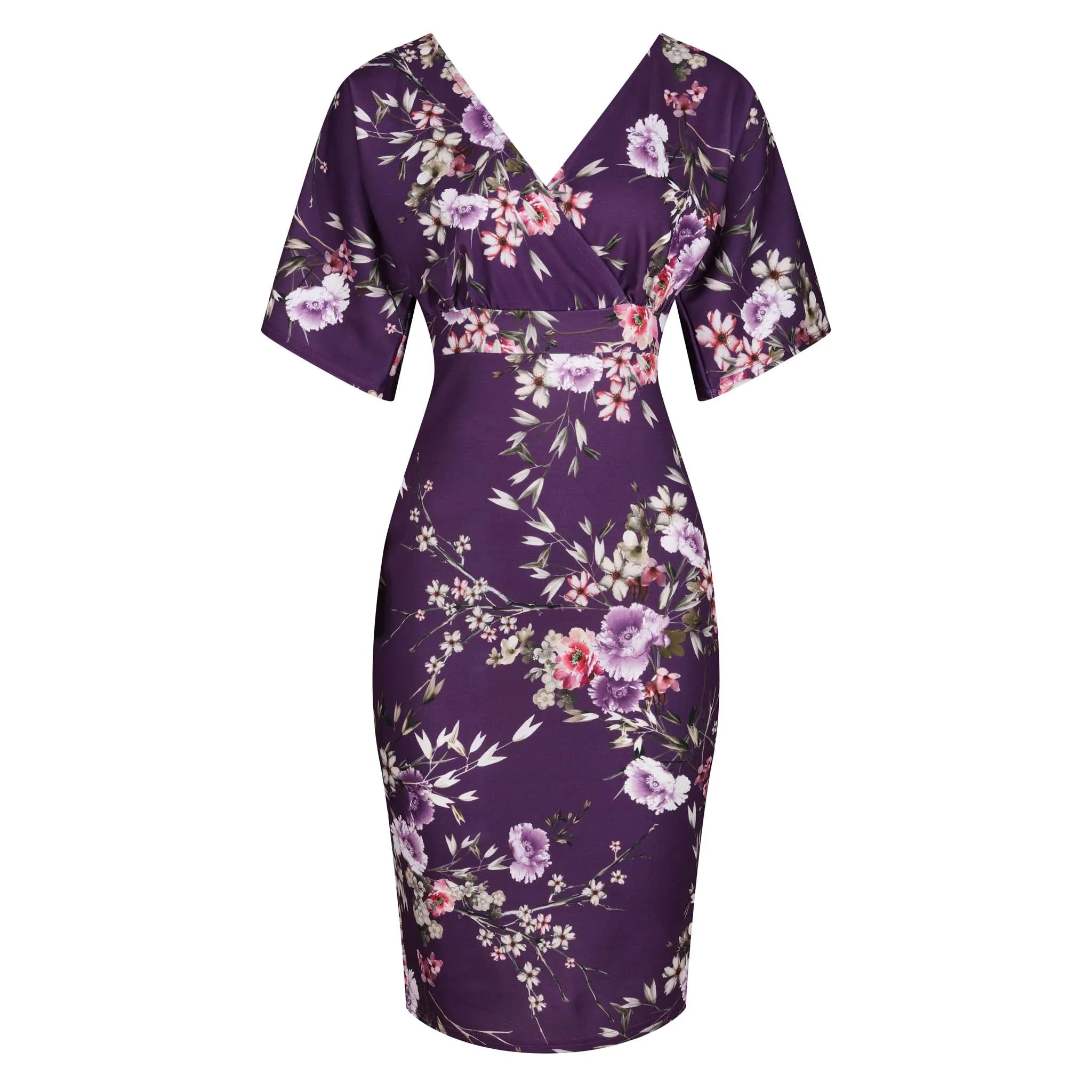 Aubergine Floral Half Batwing Sleeve Crossover Top Pencil Dress