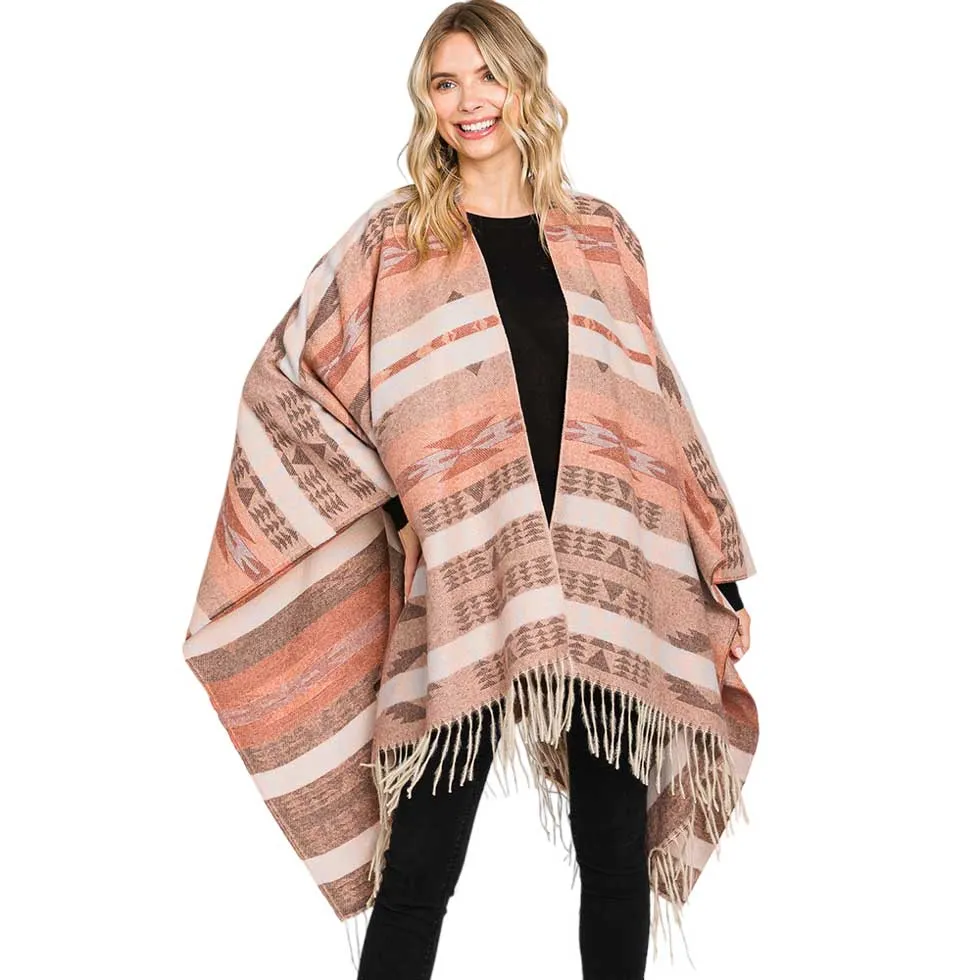 Aztec Patterned Fringe Ruana Poncho