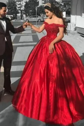 Ball Gown Off the Shoulder Red Satin Lace up Quinceanera Dresses with Appliques