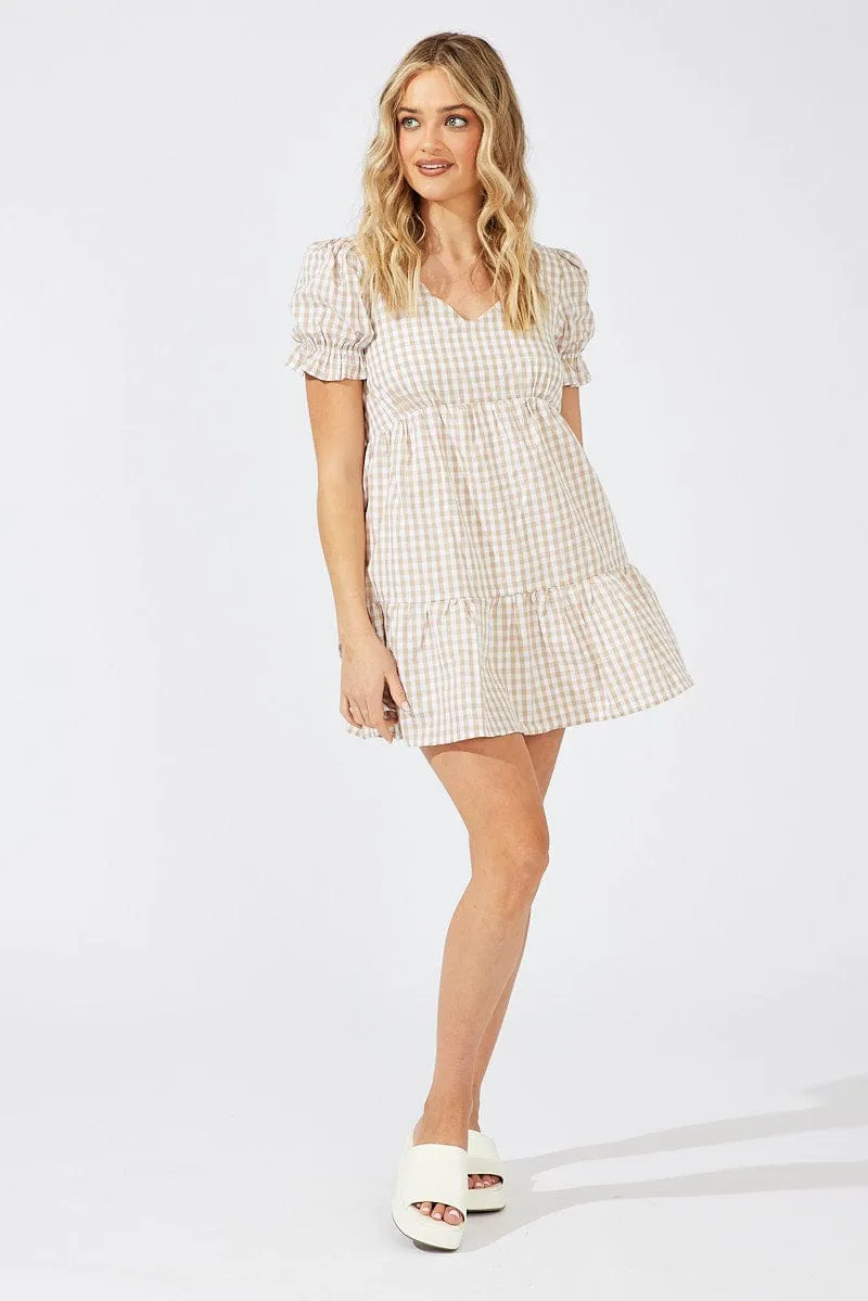 Beige Check Smock Dress Short Sleeve Tiered