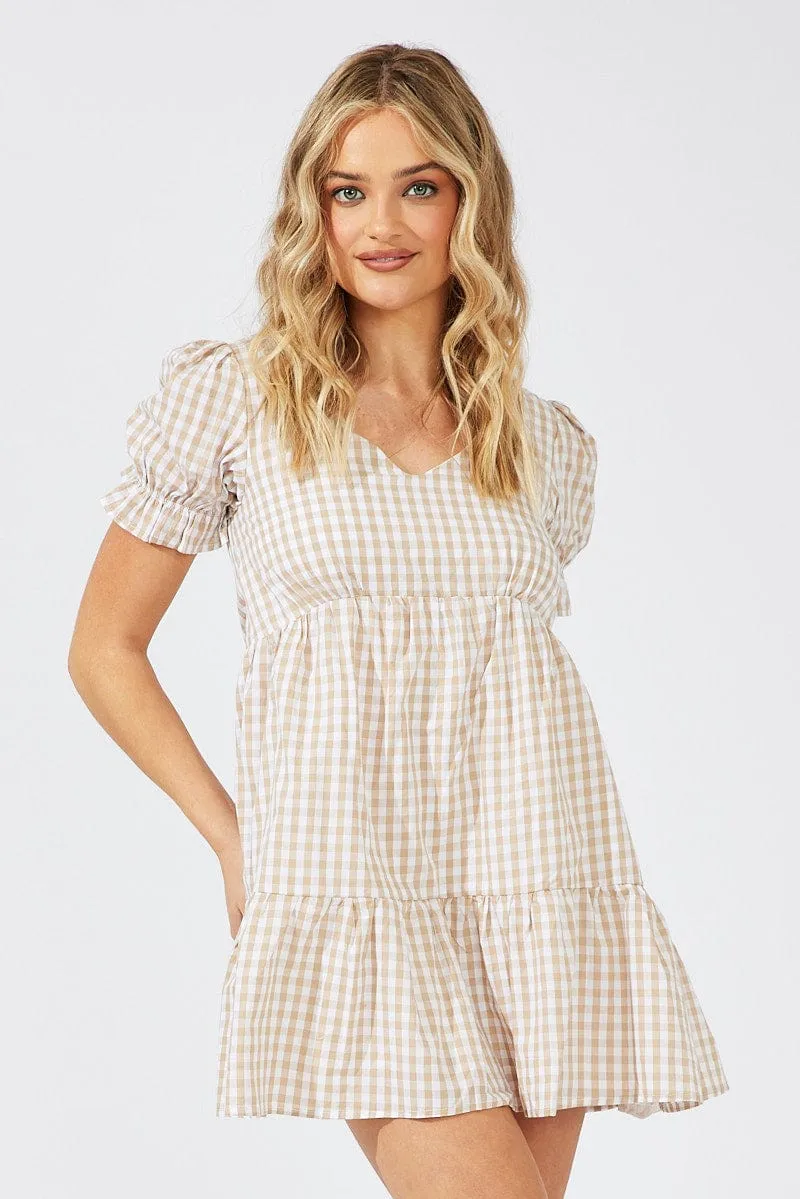 Beige Check Smock Dress Short Sleeve Tiered