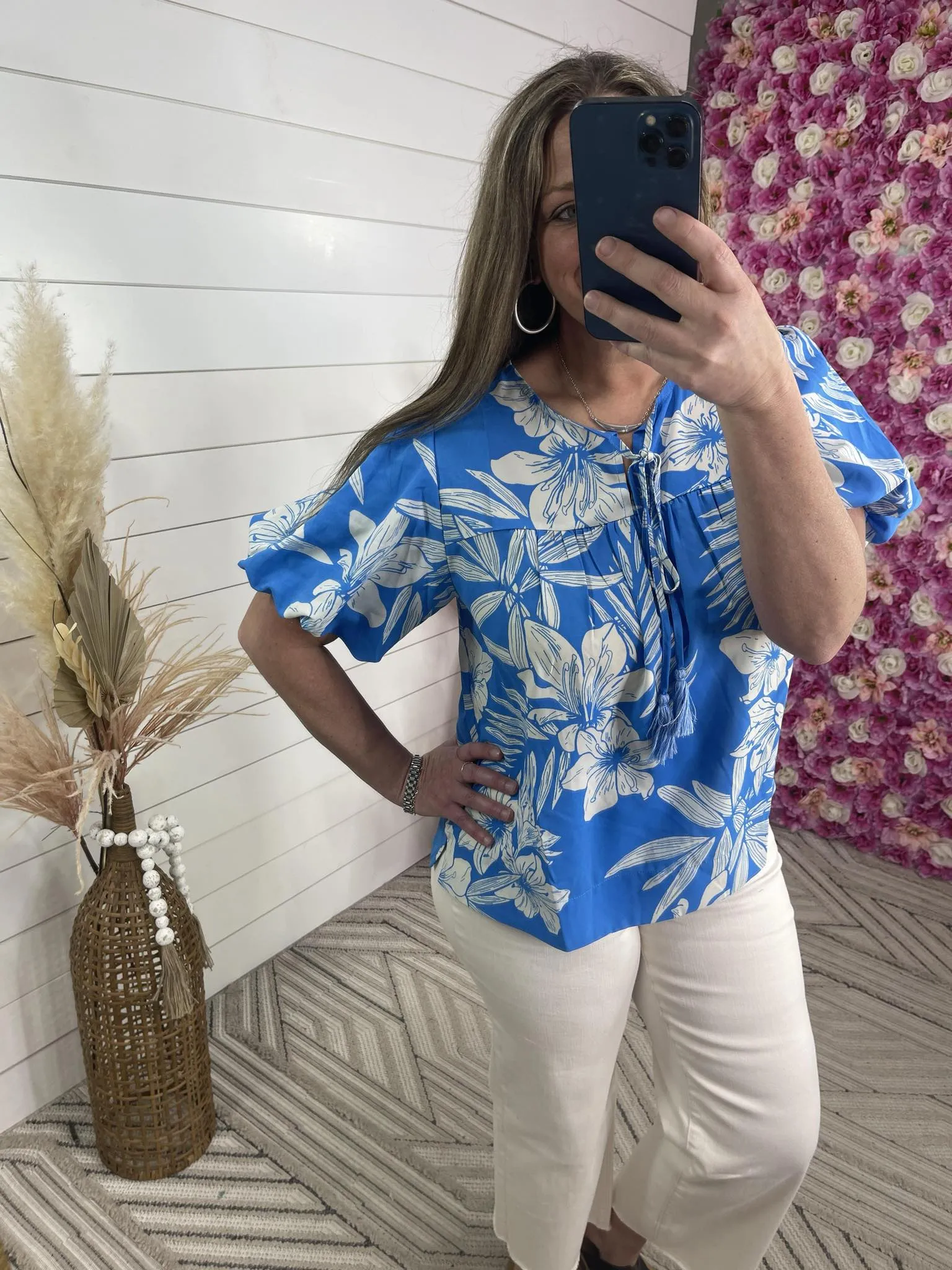 BLUE FLORAL PRINT TASSEL-TIE NECK TOP