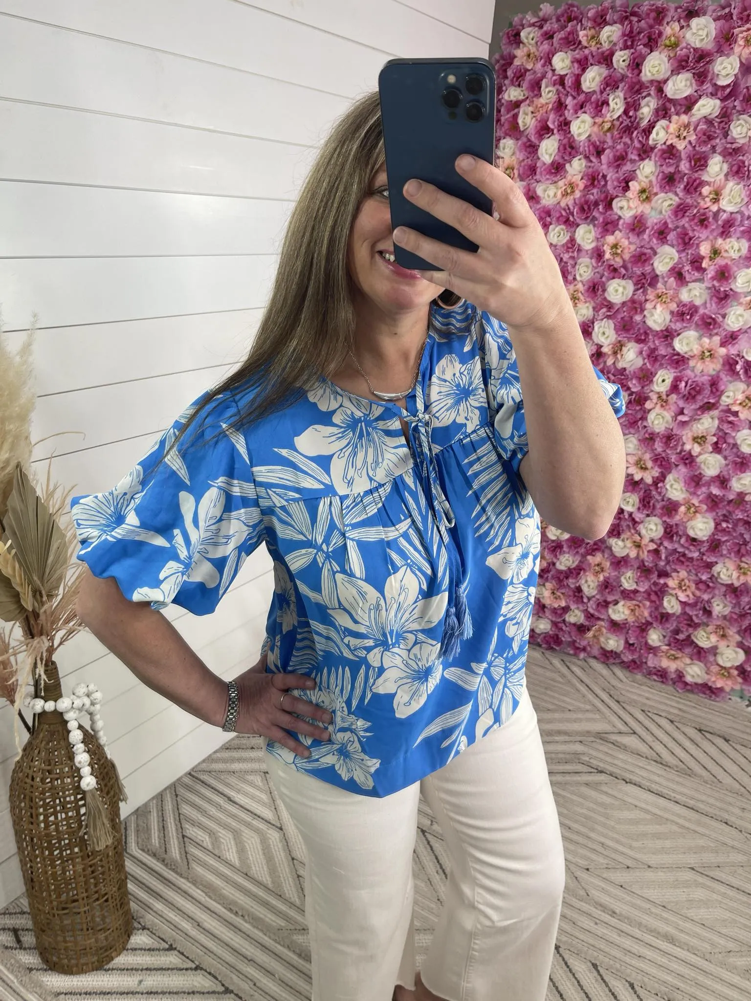 BLUE FLORAL PRINT TASSEL-TIE NECK TOP