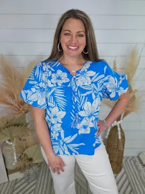 BLUE FLORAL PRINT TASSEL-TIE NECK TOP