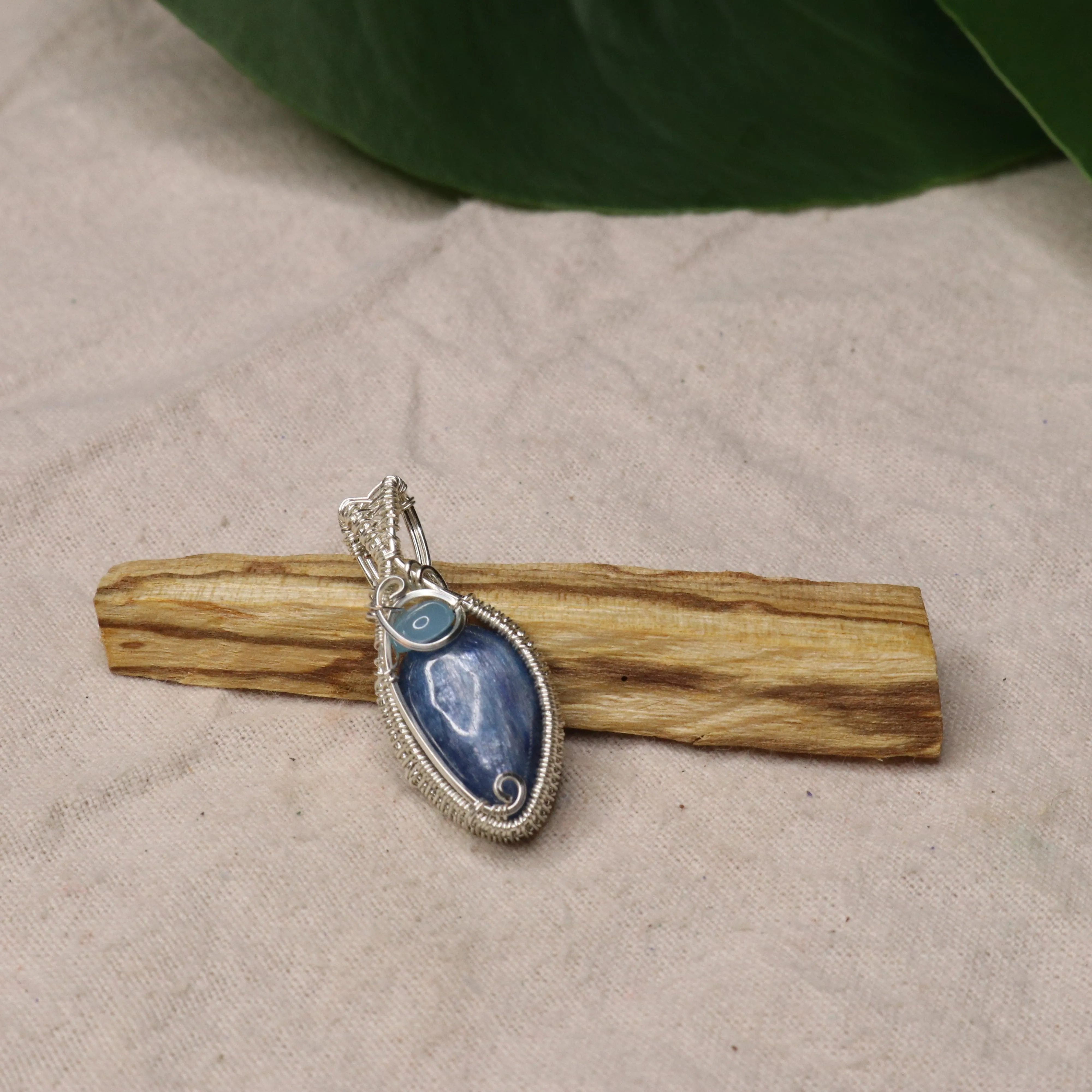 Blue Kyanite Wire Wrapped Pendant with Blue Chalcedony Accents ~ Includes Necklace Cord