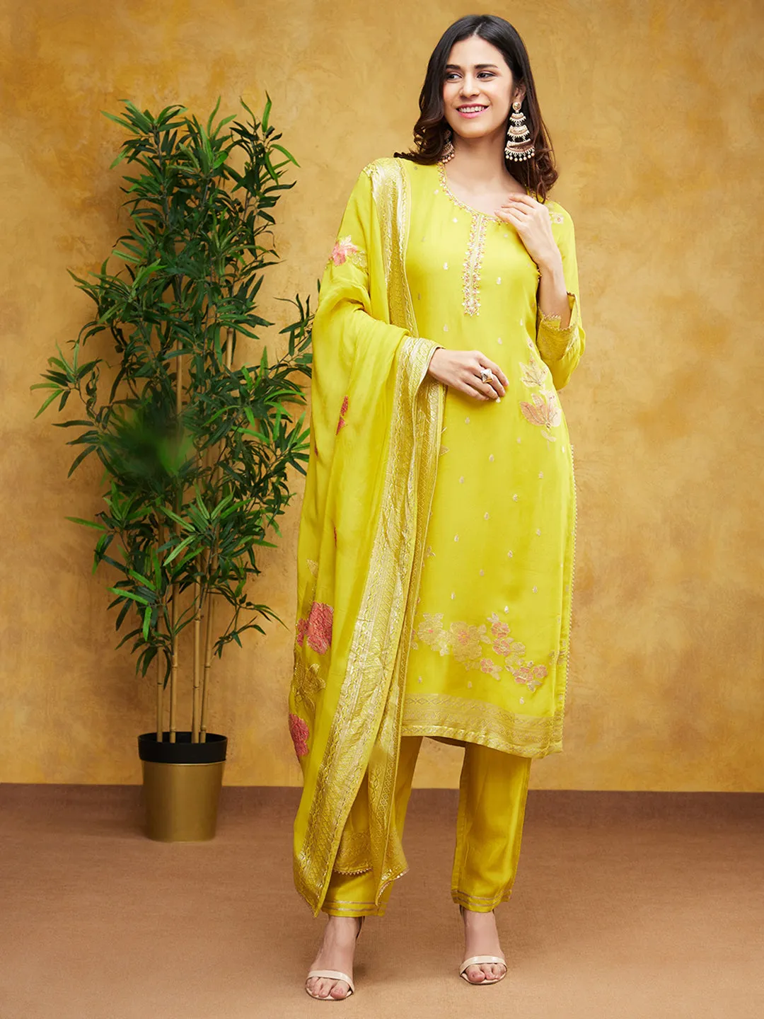 Bright Yellow Embellished Dola Silk Pants Set