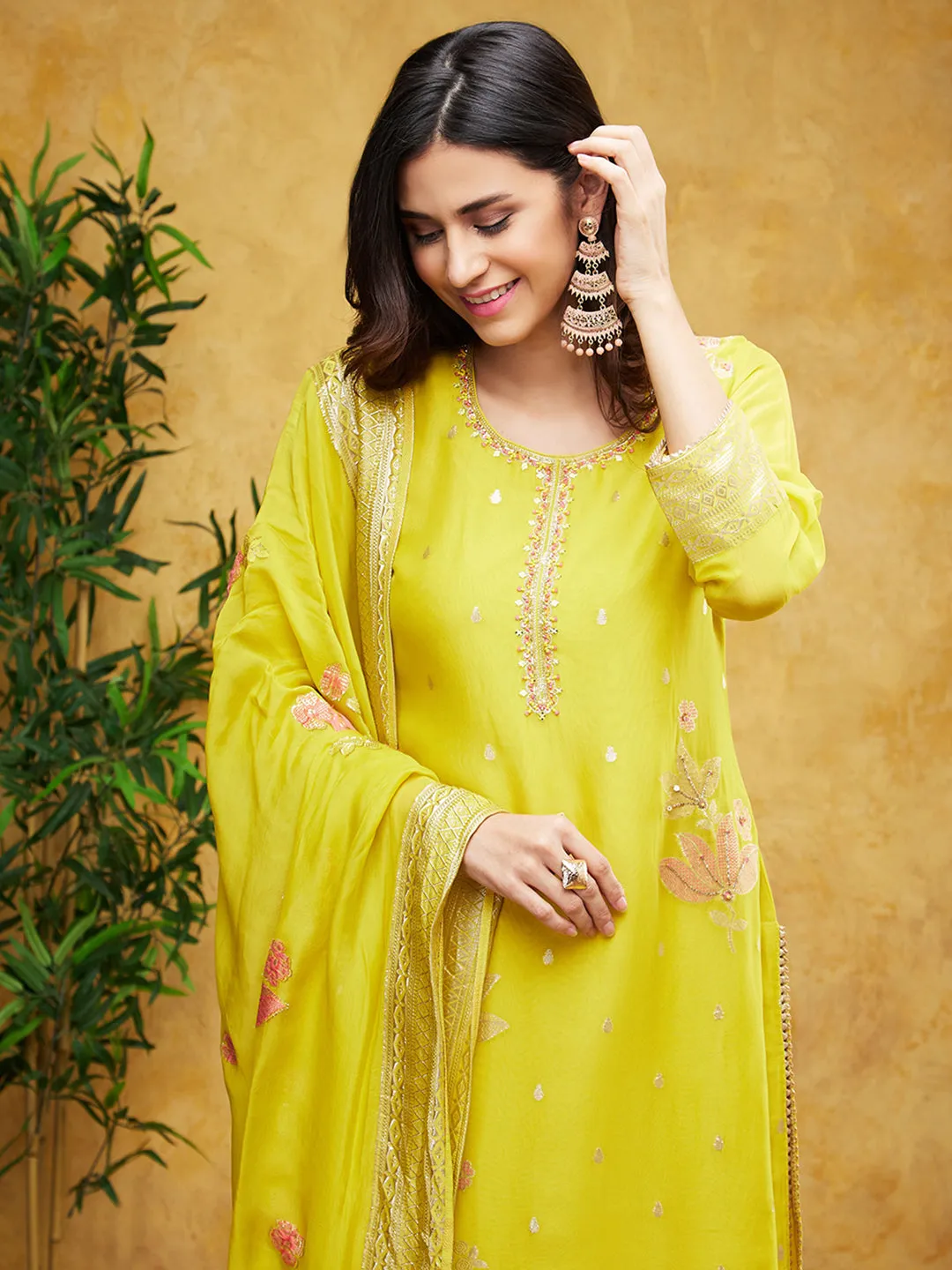 Bright Yellow Embellished Dola Silk Pants Set