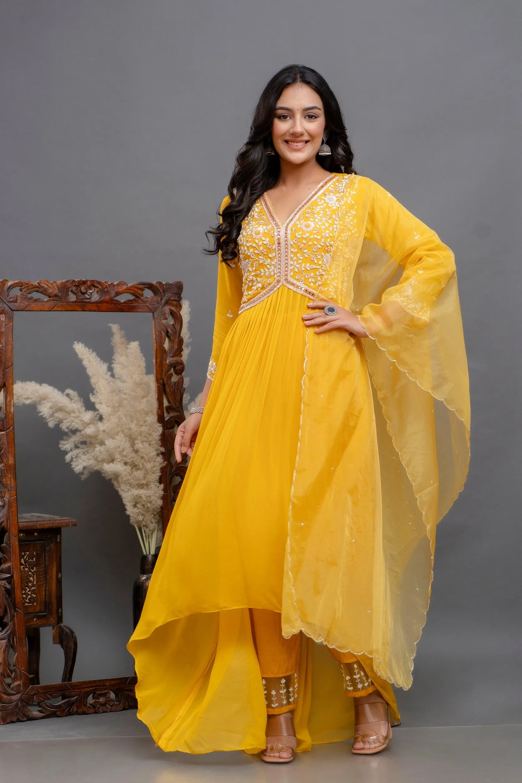 Bright Yellow Embellished Premium Georgette Silk Anarkali Set