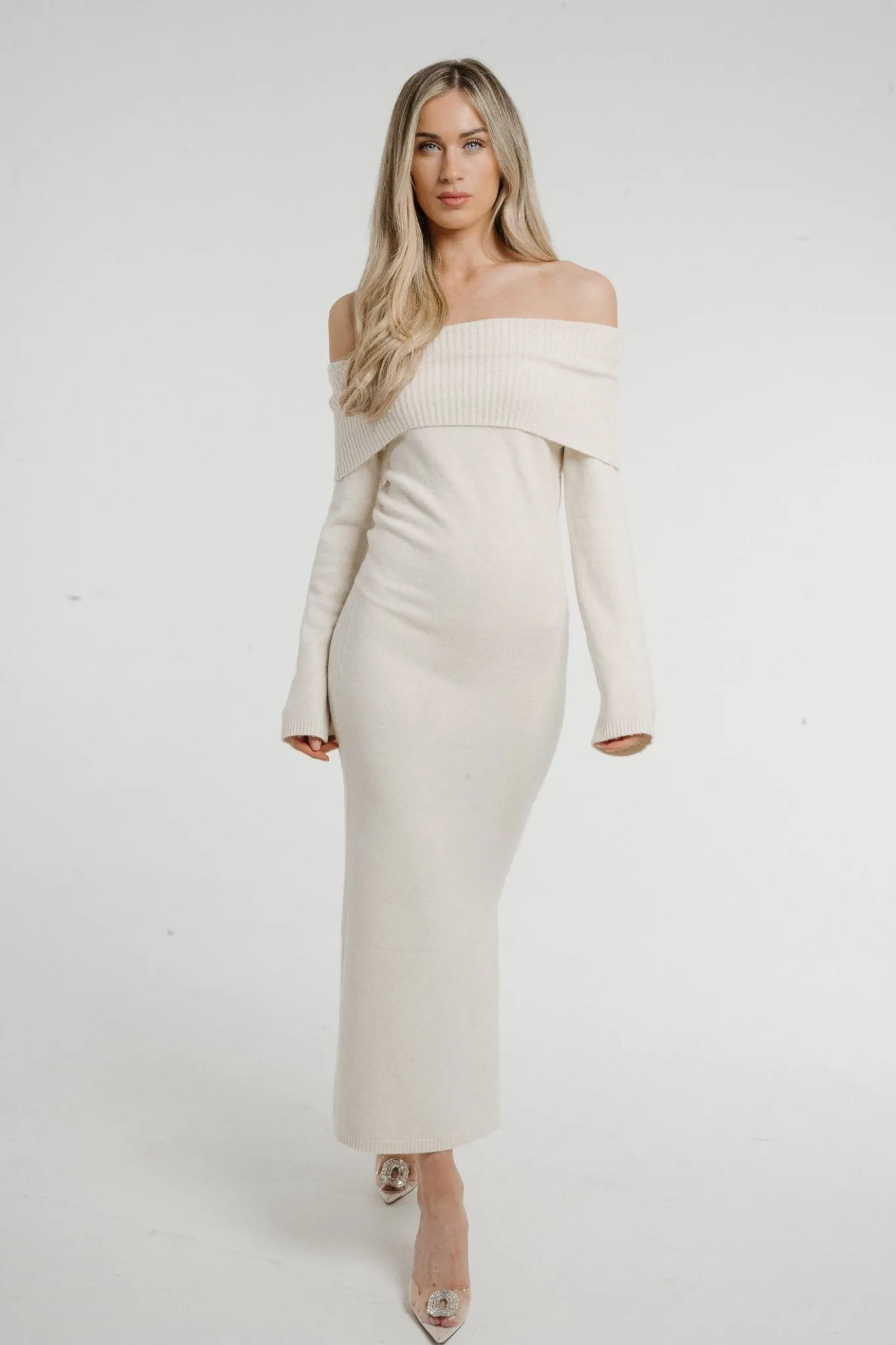 Caitlyn Off Shoulder Knit Dress In Beige