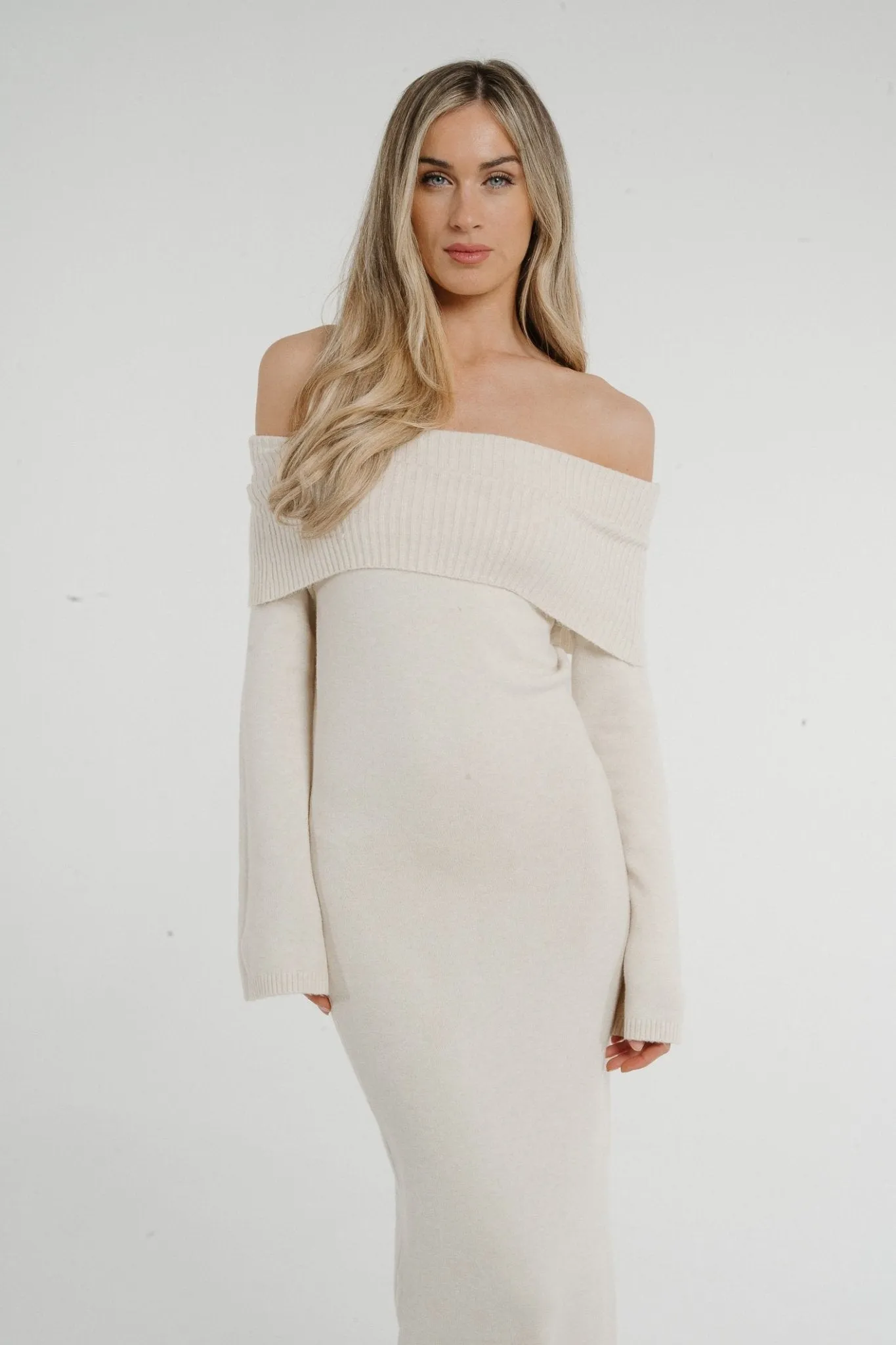 Caitlyn Off Shoulder Knit Dress In Beige