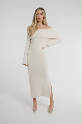 Caitlyn Off Shoulder Knit Dress In Beige