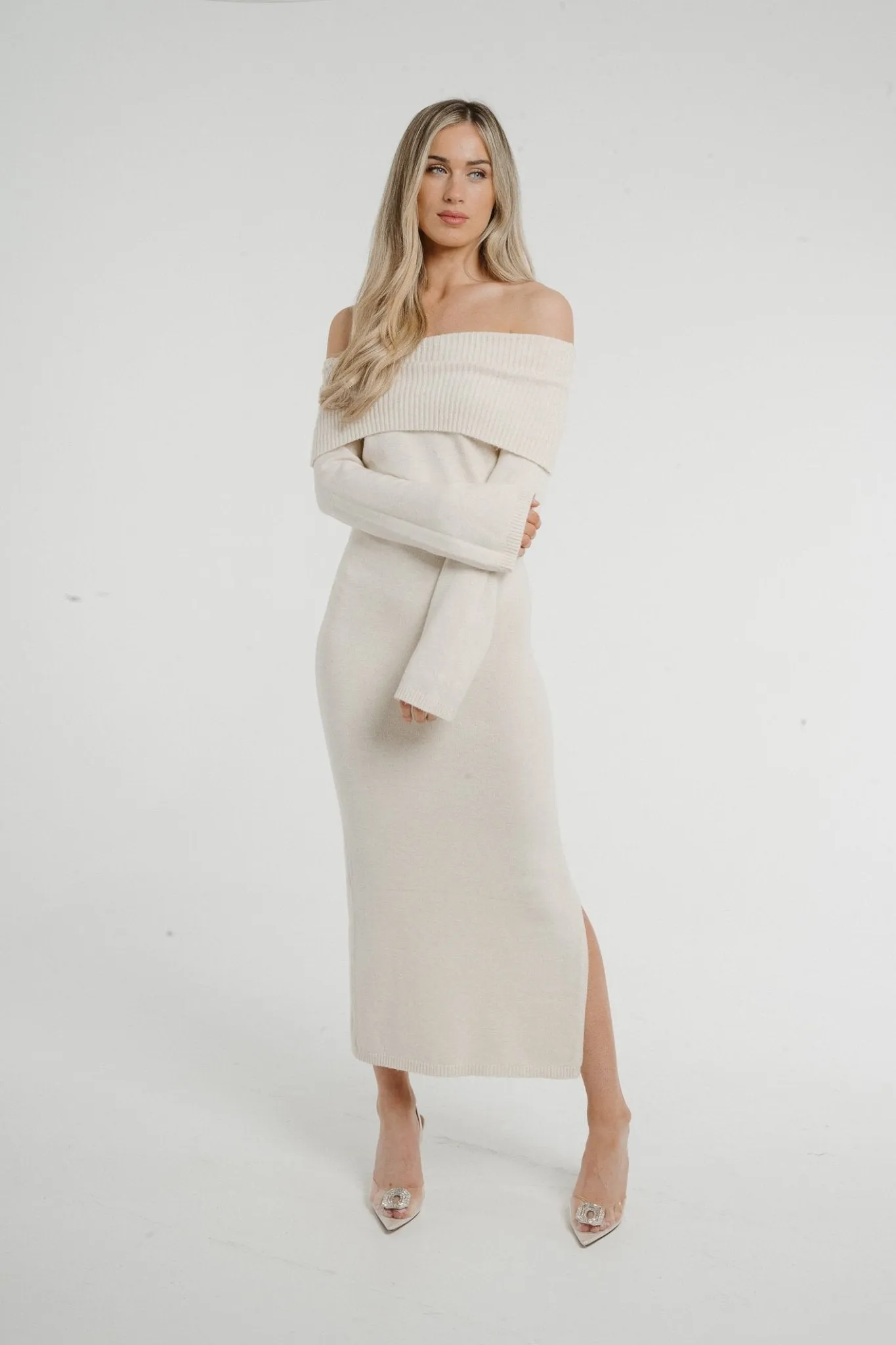 Caitlyn Off Shoulder Knit Dress In Beige