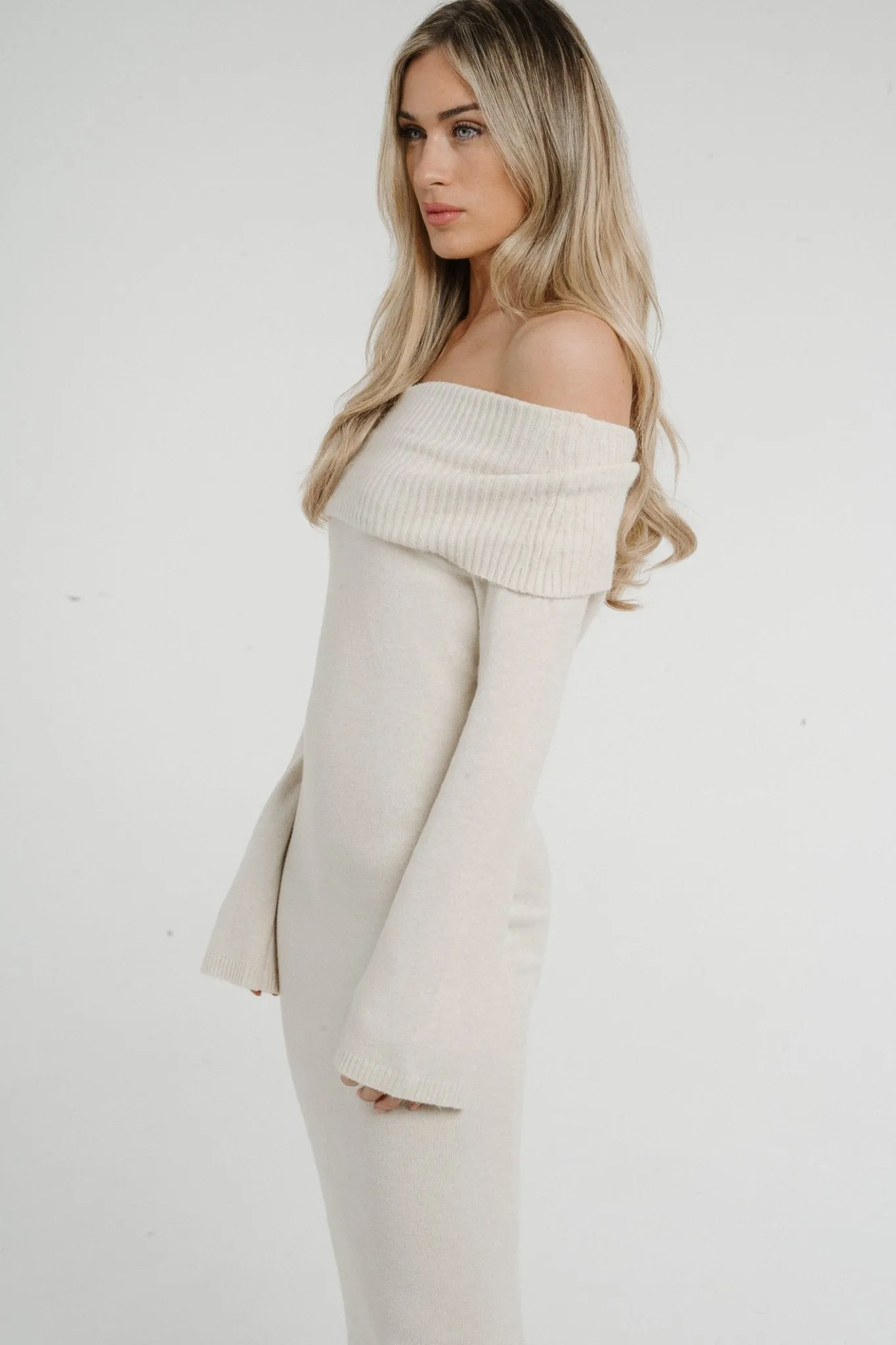 Caitlyn Off Shoulder Knit Dress In Beige