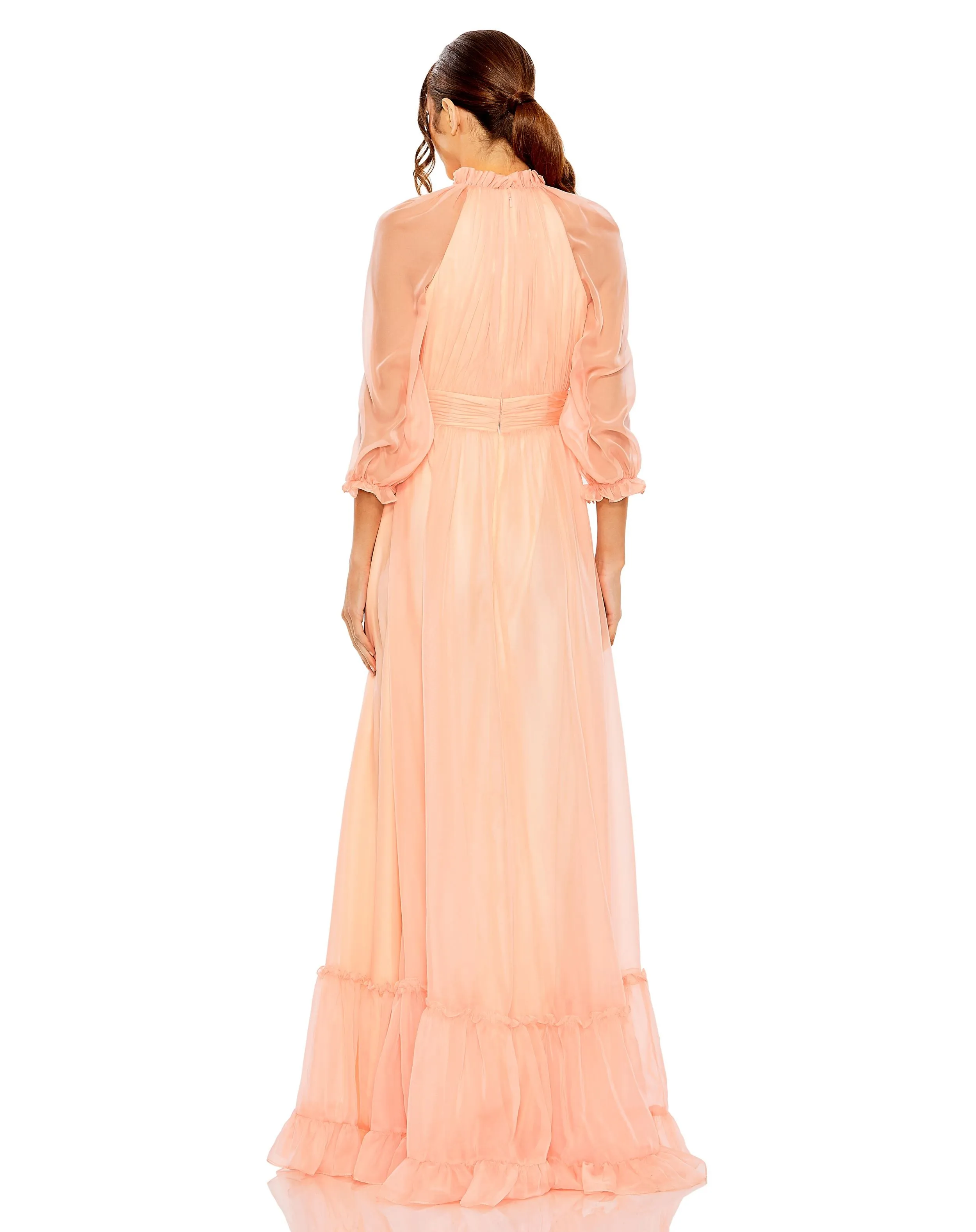 Chiffon Ruched Illusion Raglan Sleeve Ruffled Gown