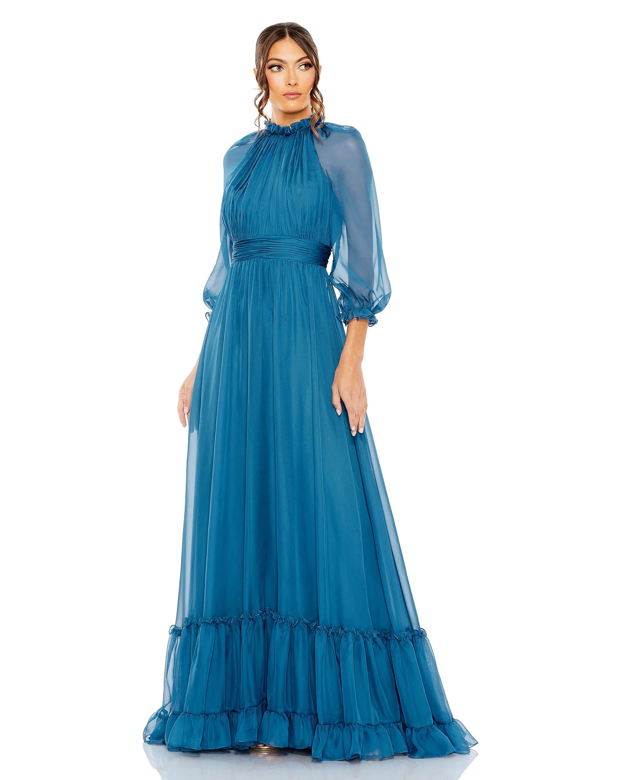 Chiffon Ruched Illusion Raglan Sleeve Ruffled Gown