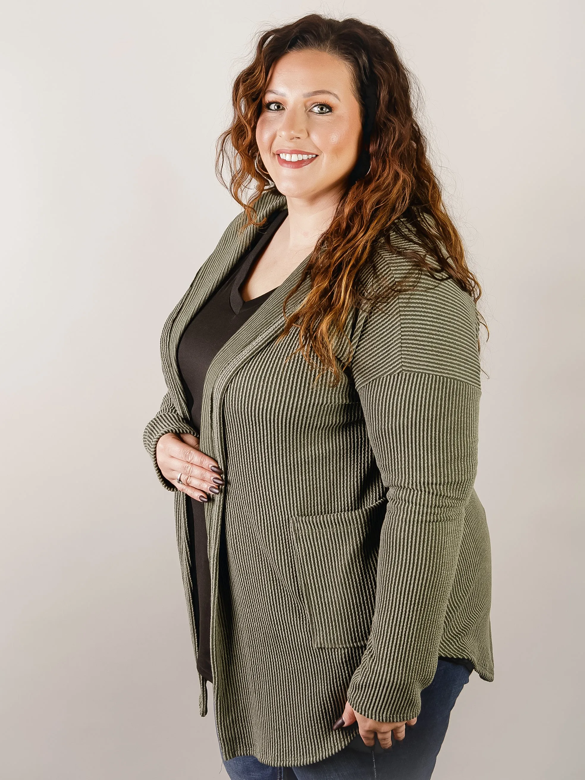 Curvy Olive Ribbed Open Hooded Cardigan