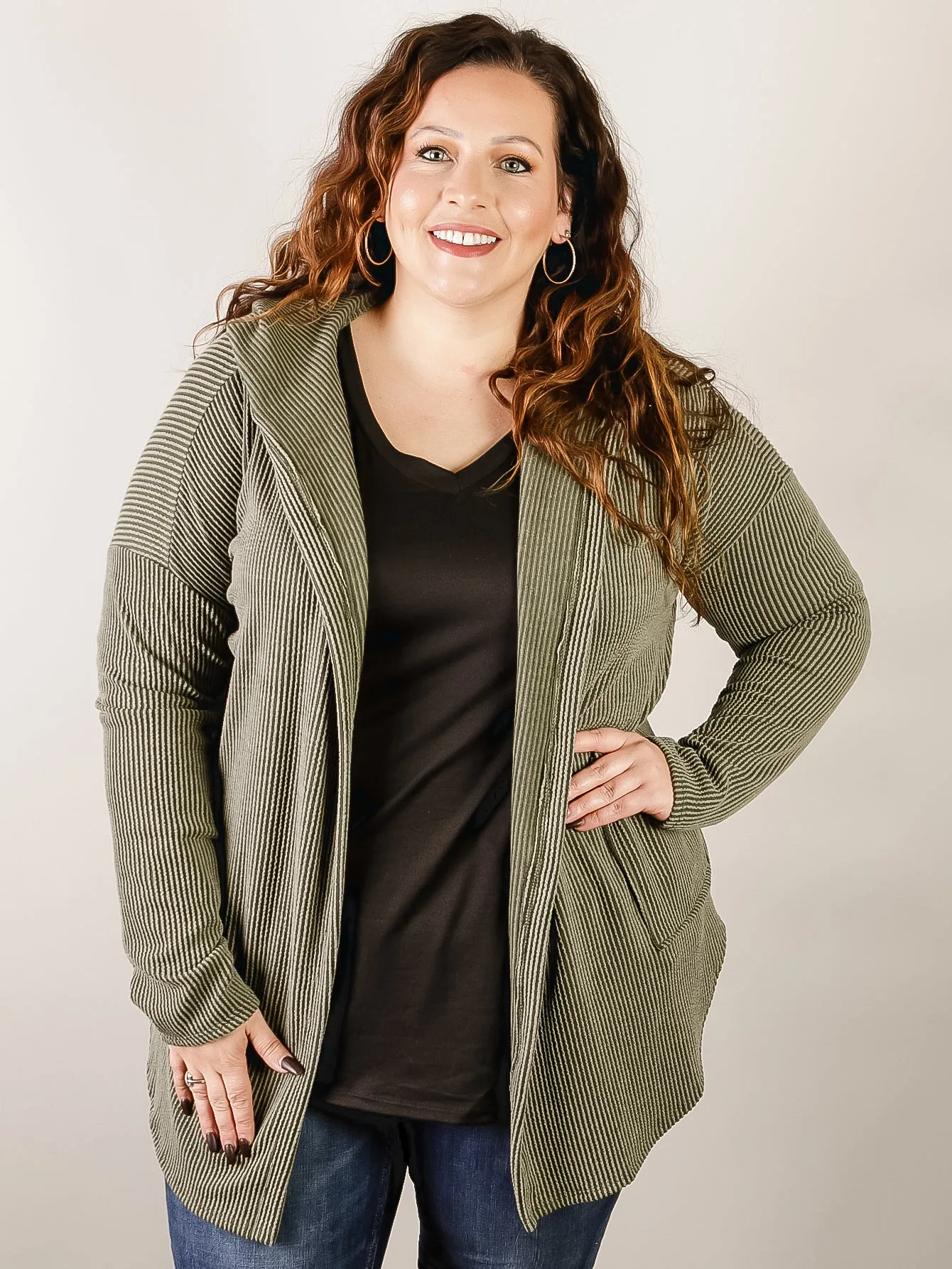 Curvy Olive Ribbed Open Hooded Cardigan