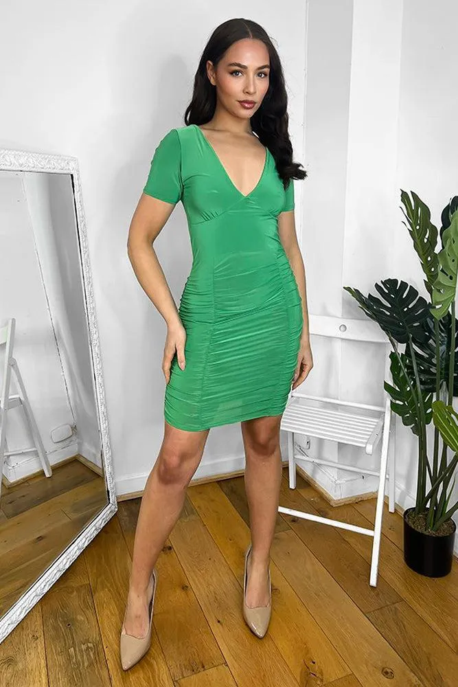 Deep Plunge Ruched Skirt Short Sleeved Slinky Bodycon Dress