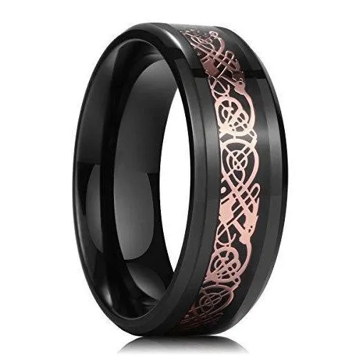 DRAGON 8mm Rose Gold Celtic Dragon Inlay Black Titanium Wedding Ring Band Comfort Fit