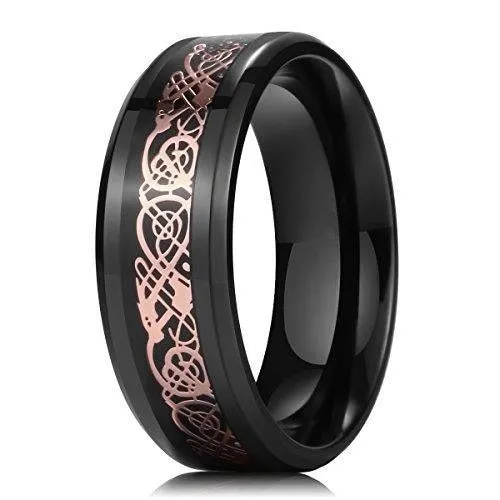 DRAGON 8mm Rose Gold Celtic Dragon Inlay Black Titanium Wedding Ring Band Comfort Fit