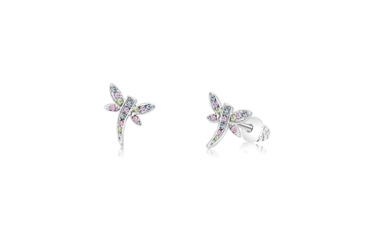 Dragon Fly Multi-colored Crystal Palladium Plating Screwback Stud Girls Earring