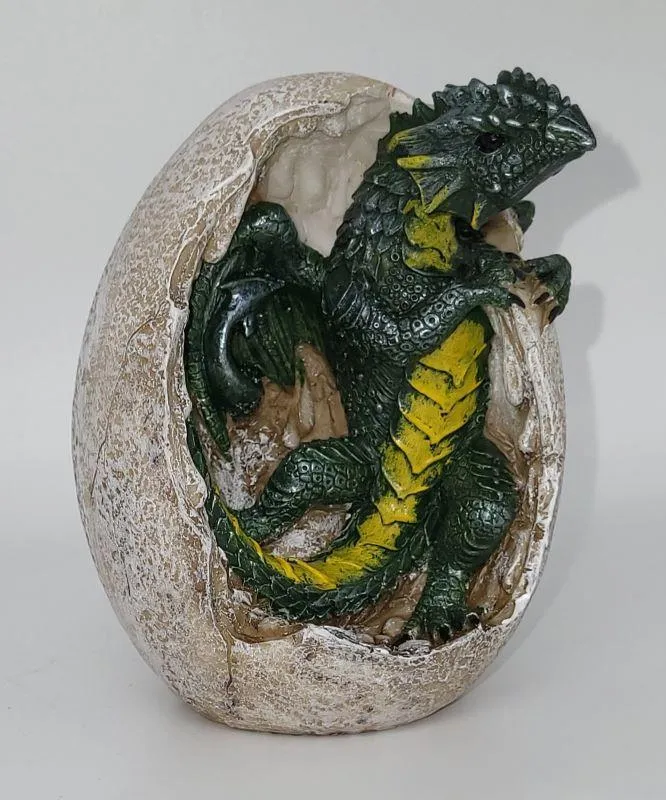 Dragon, Hatchling Grn/Yellow in Egg 5in. T.Resin