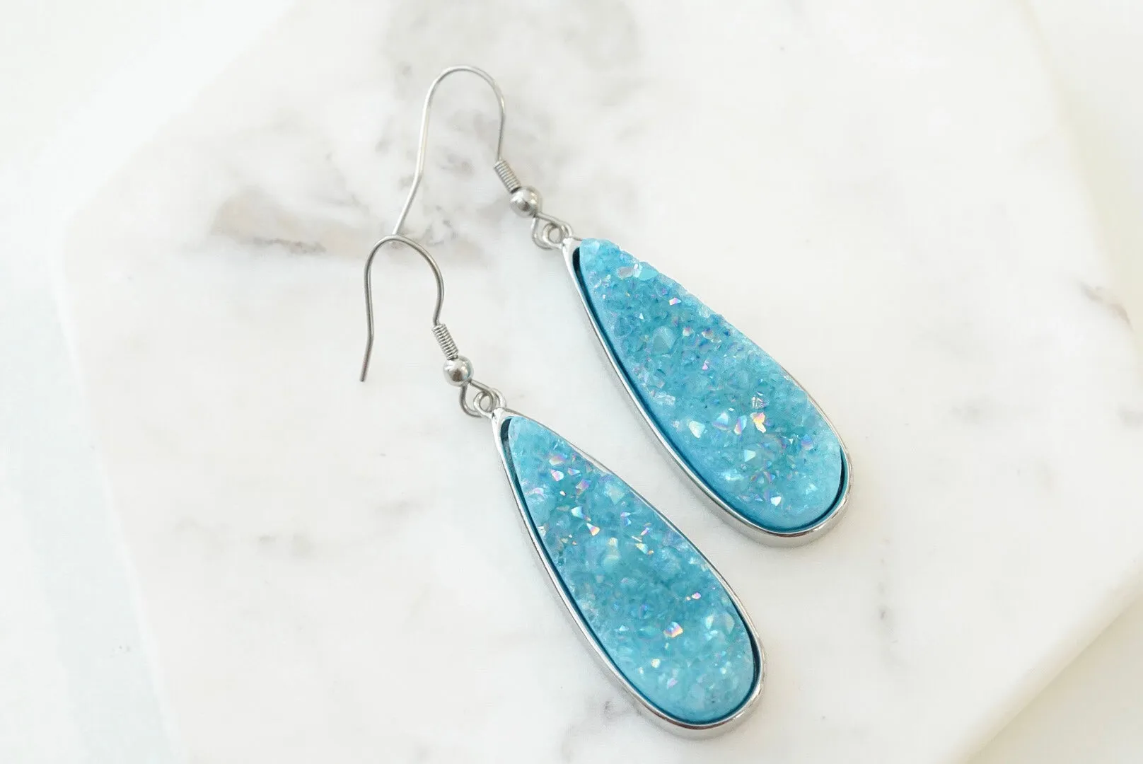 Druzy Collection - Silver Azure Quartz Drop Earrings