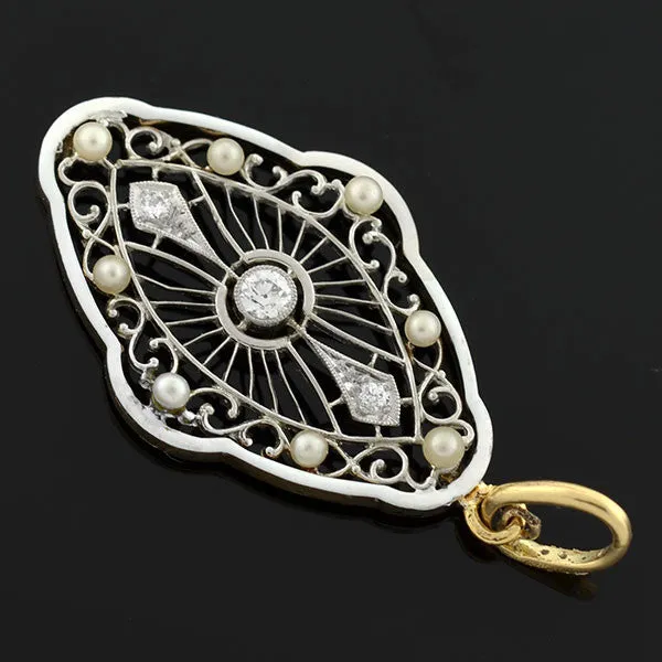 Edwardian Pearl, Diamond & Enamel Filigree Pendant