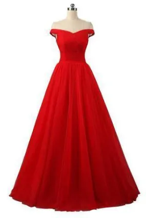 Elegant A-line Off Shoulder Red Lace-up Floor-Length Simple Prom Dresses