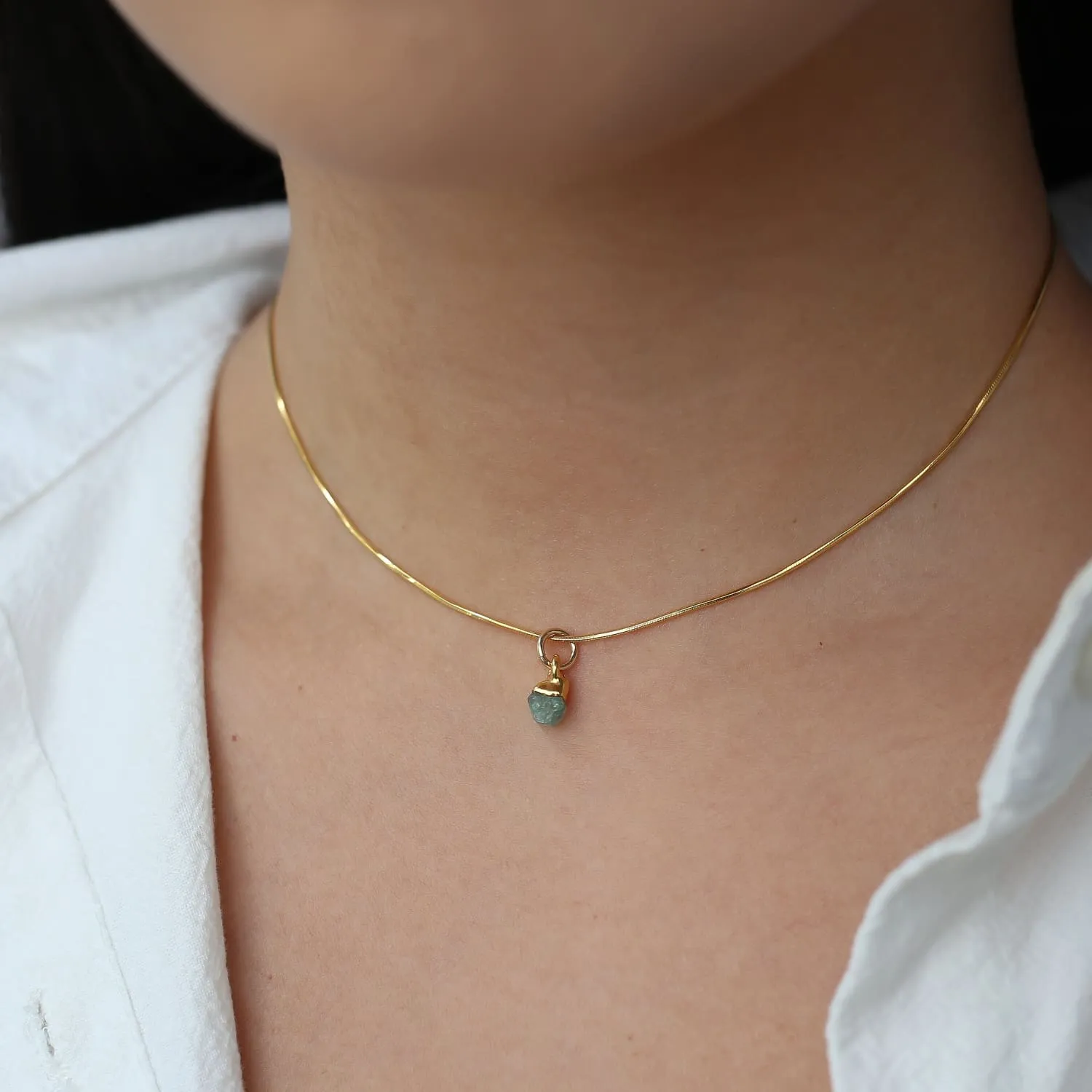 Emerald Choker • Raw Gemstone Crystal Necklace • 24k Gold Filled Snake Chain • Dainty Small Stone • Simple May Birthstone • 14 inch