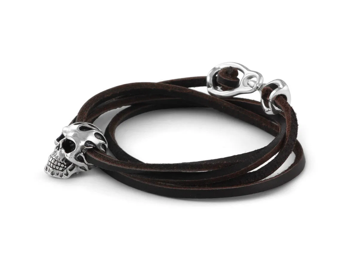 Flaming Skull Leather Bracelet - Silver