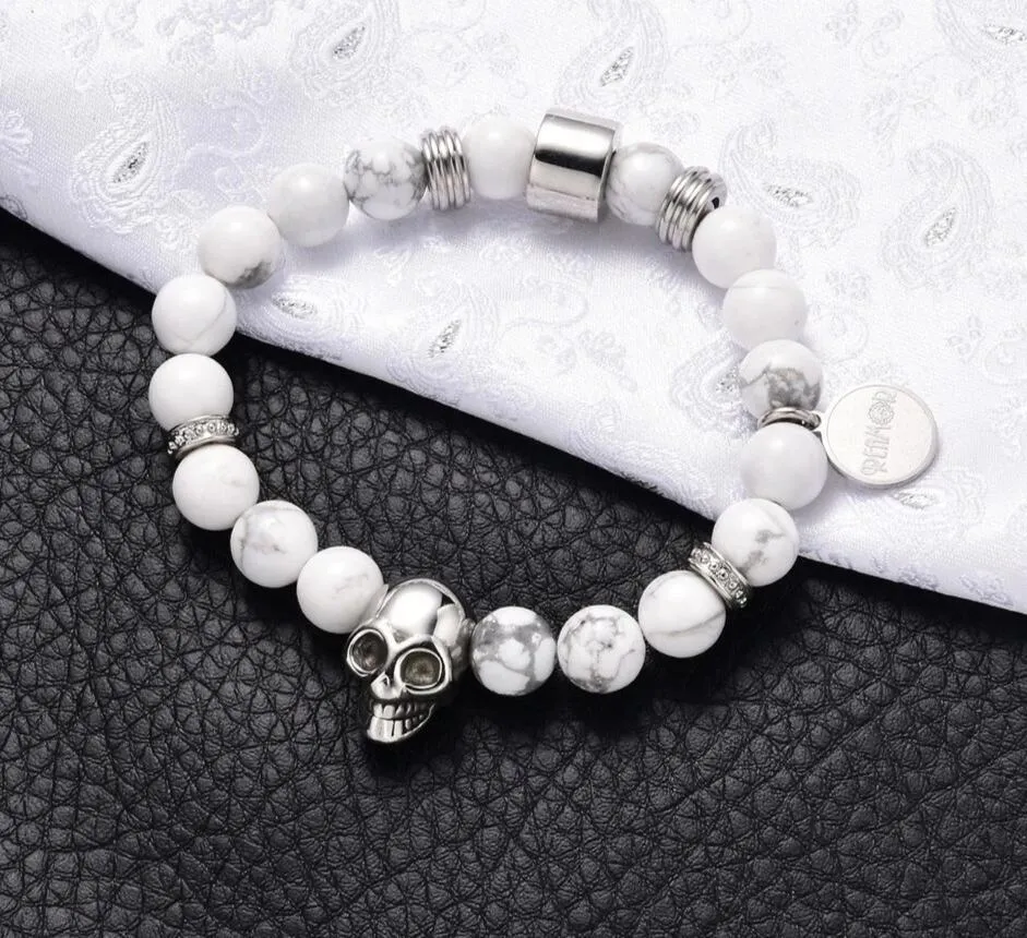 Flawless White Natural Stone Stainless Steel Beaded Skull Bracelet