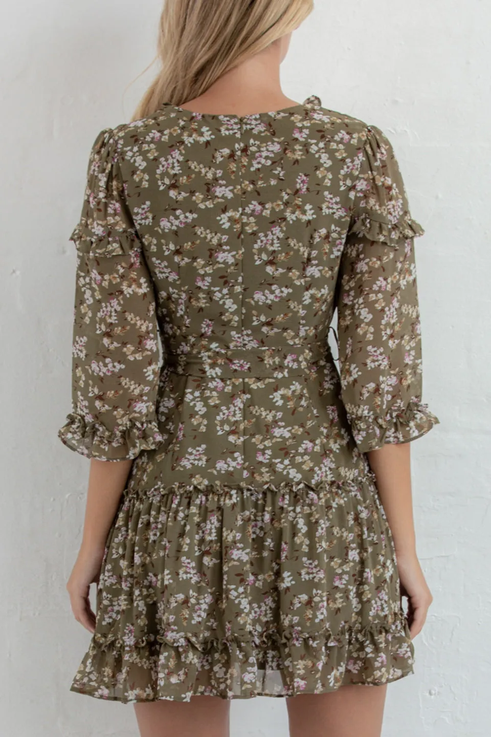 Floral Green 3qtr Sleeve Frilled Dress