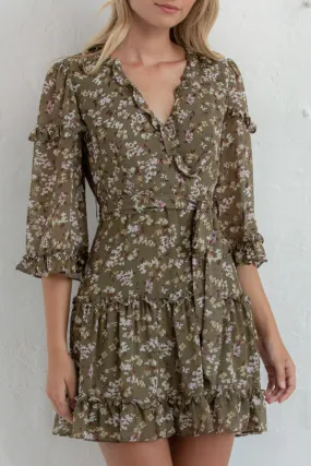 Floral Green 3qtr Sleeve Frilled Dress