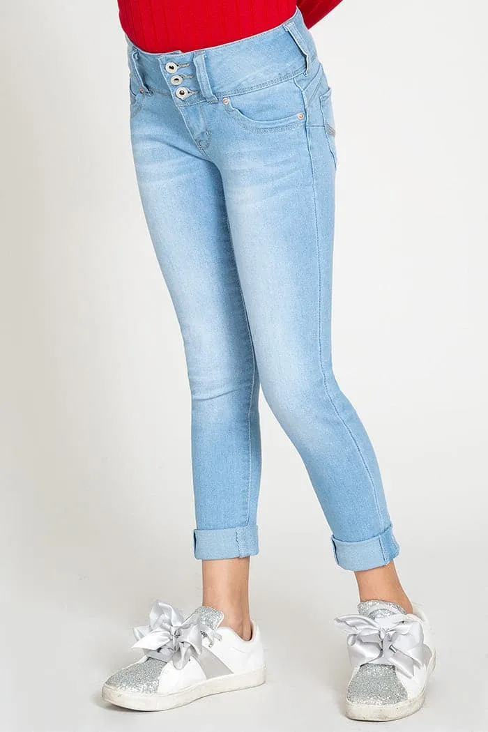 Girls WannaBettaFit 3-Button Roll Cuffed Distressed Skinny Jeans