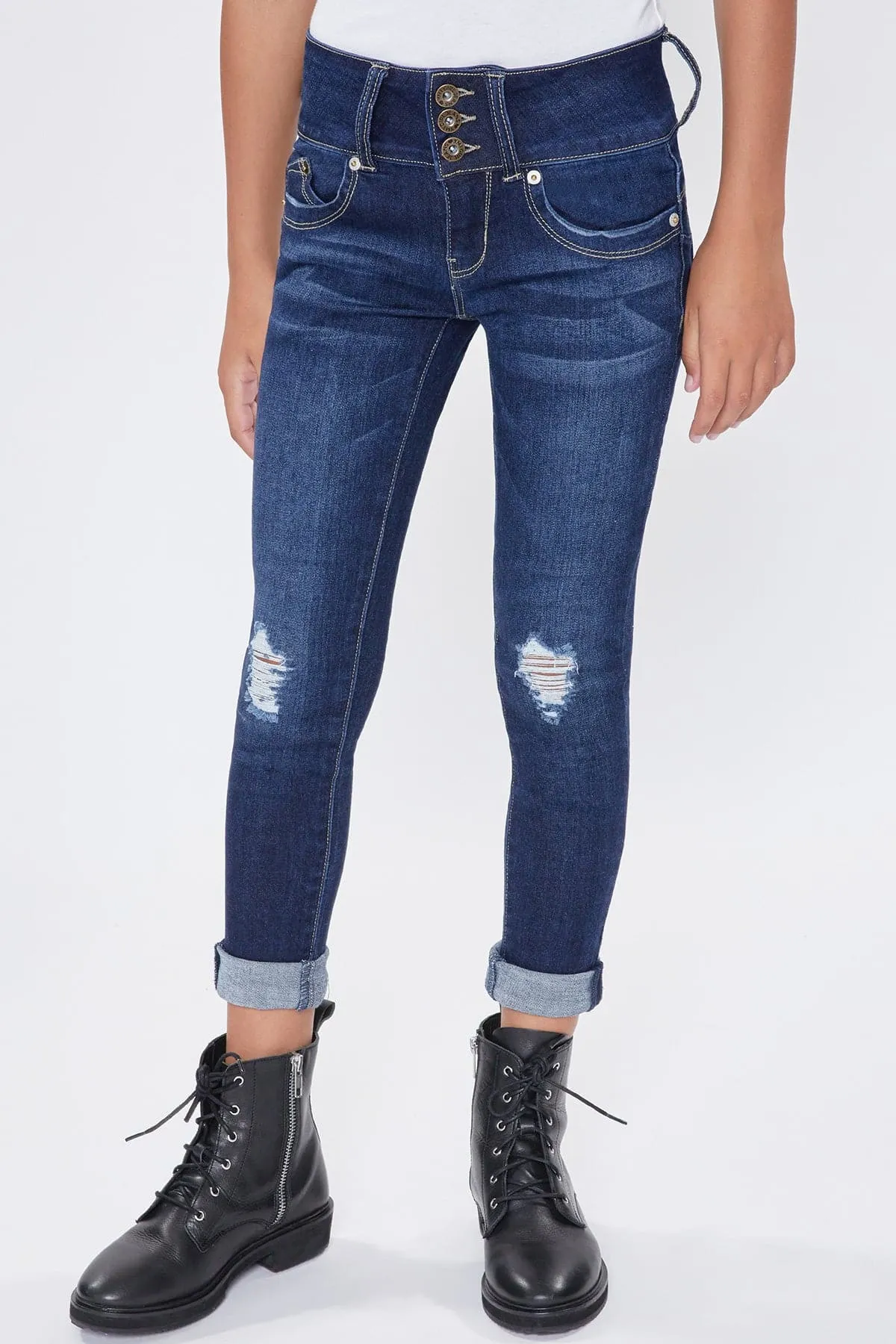 Girls WannaBettaFit 3-Button Roll Cuffed Distressed Skinny Jeans