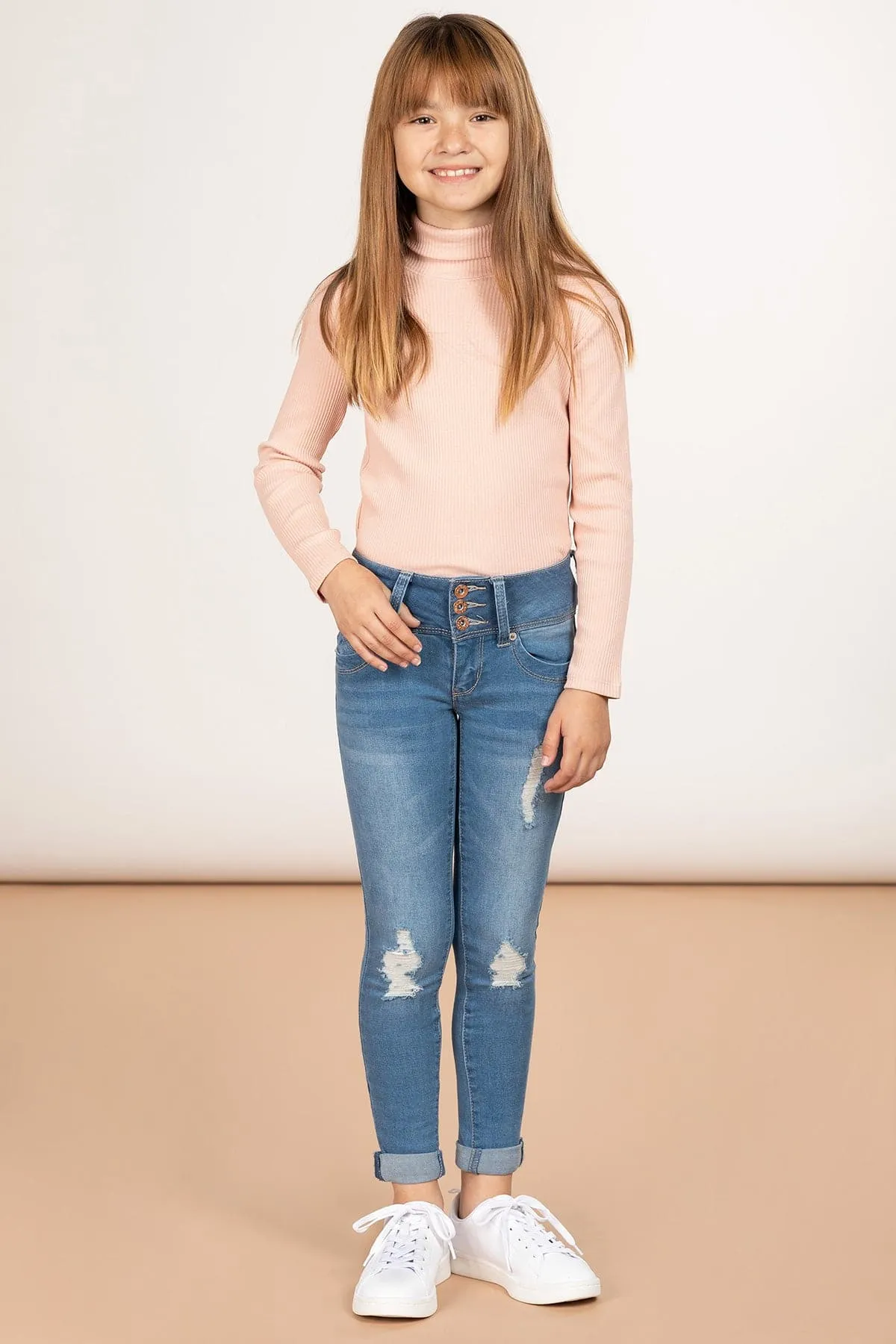 Girls WannaBettaFit 3-Button Roll Cuffed Distressed Skinny Jeans