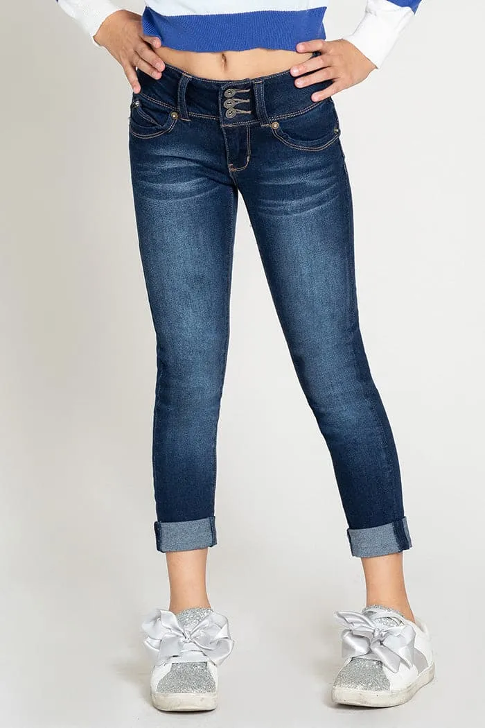 Girls WannaBettaFit 3-Button Roll Cuffed Distressed Skinny Jeans