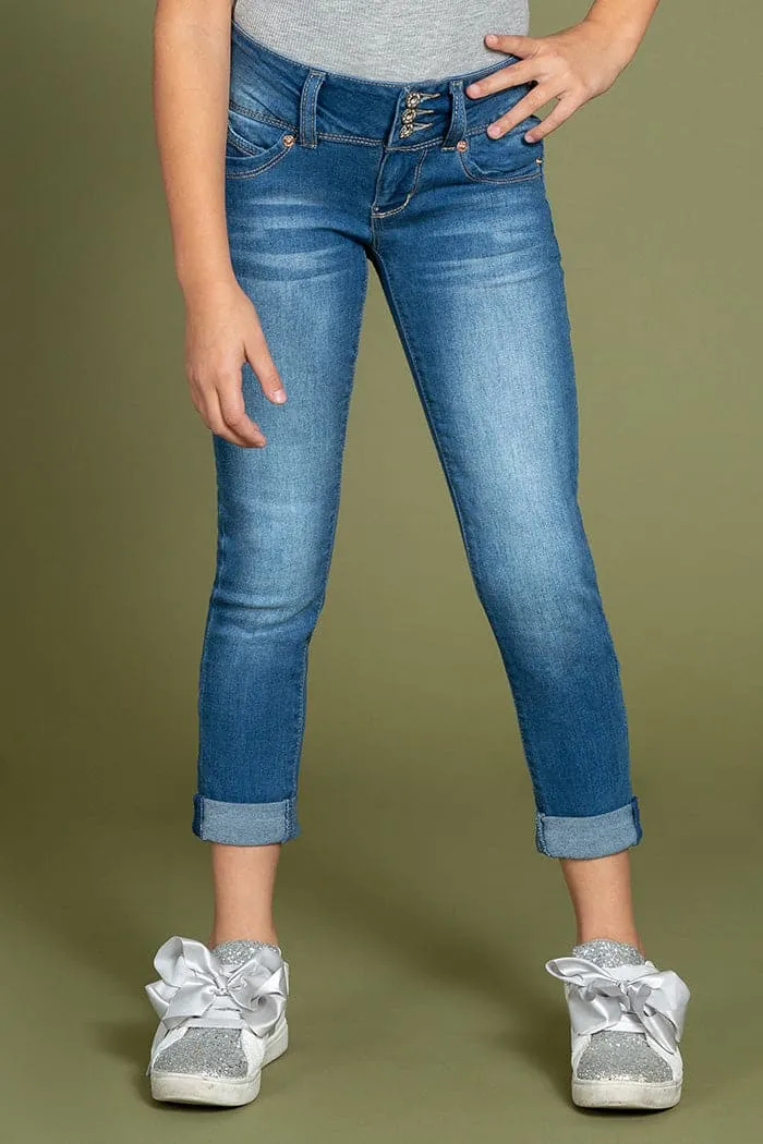 Girls WannaBettaFit 3-Button Roll Cuffed Distressed Skinny Jeans