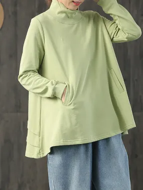 Hand-Made Turtleneck Pure Color Cotton Blouse