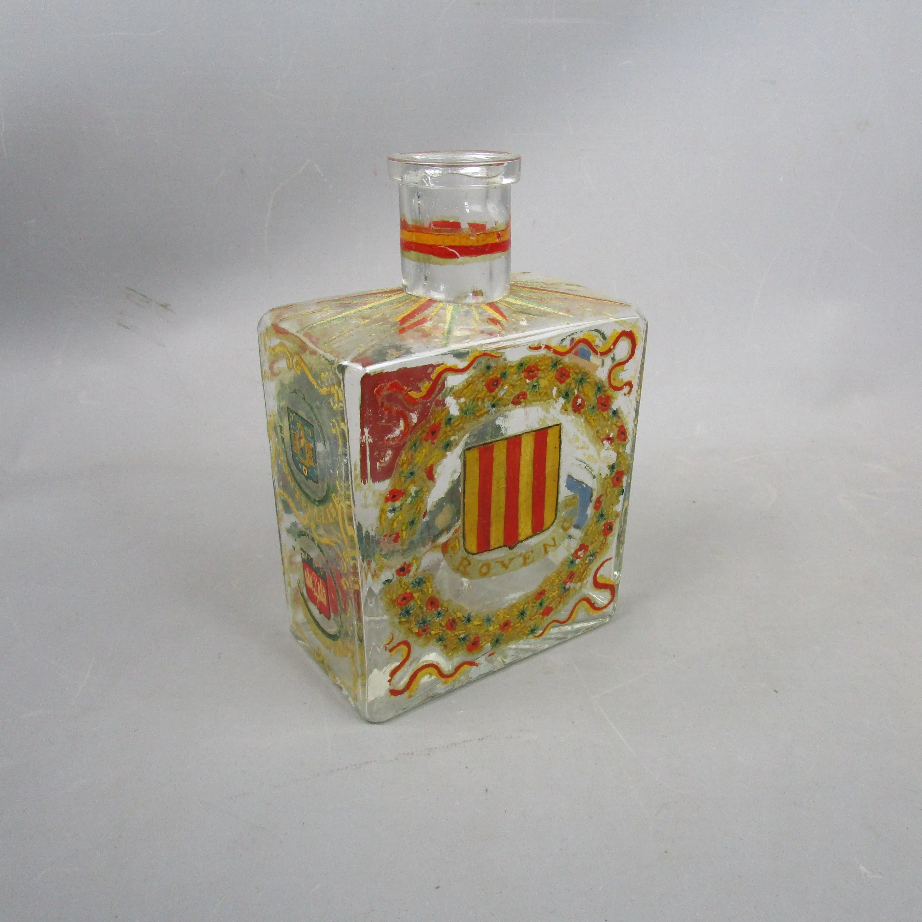 Hand Painted French Crested & Floral Design Liquor Bottle Antique c1930