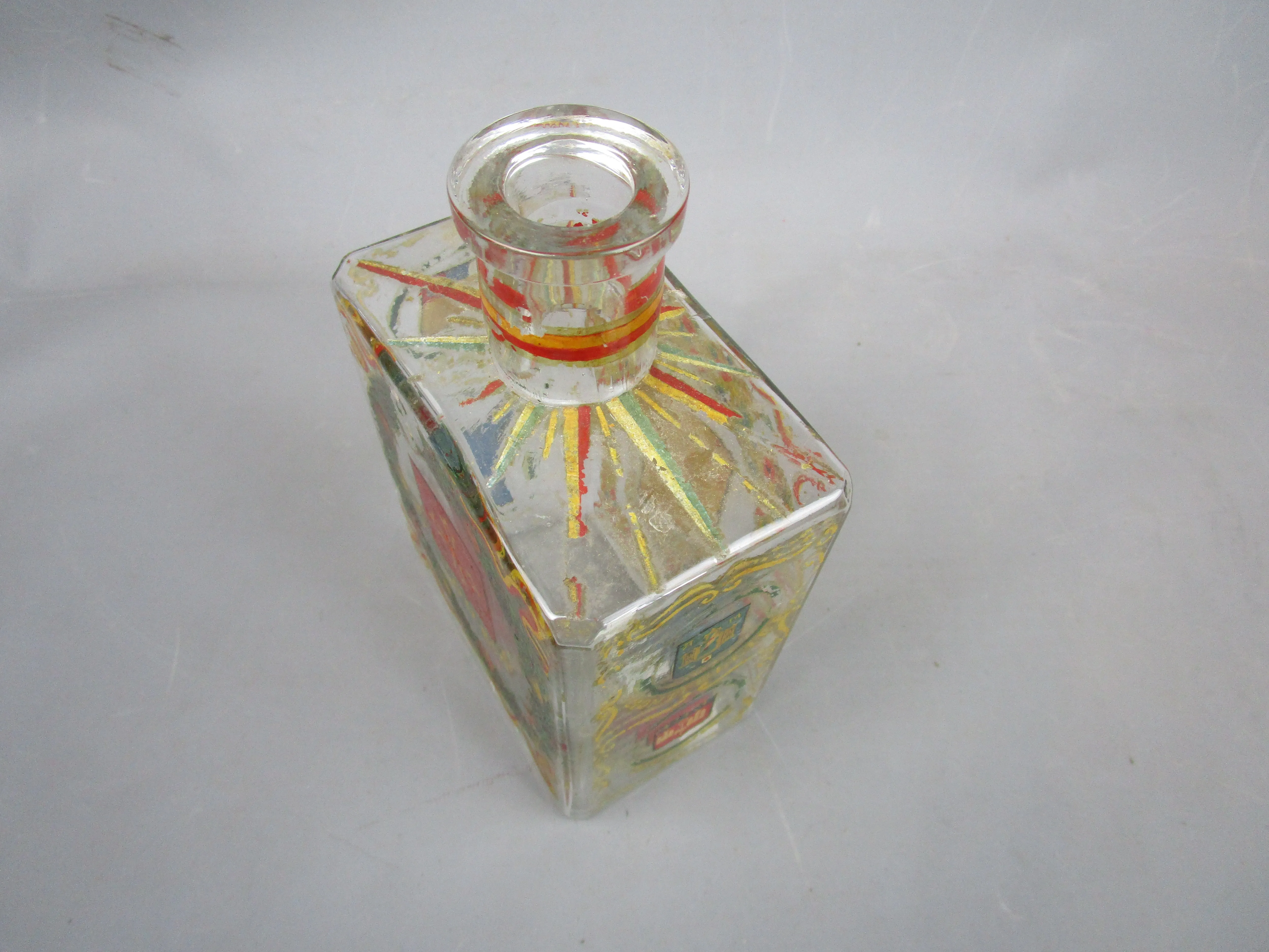 Hand Painted French Crested & Floral Design Liquor Bottle Antique c1930