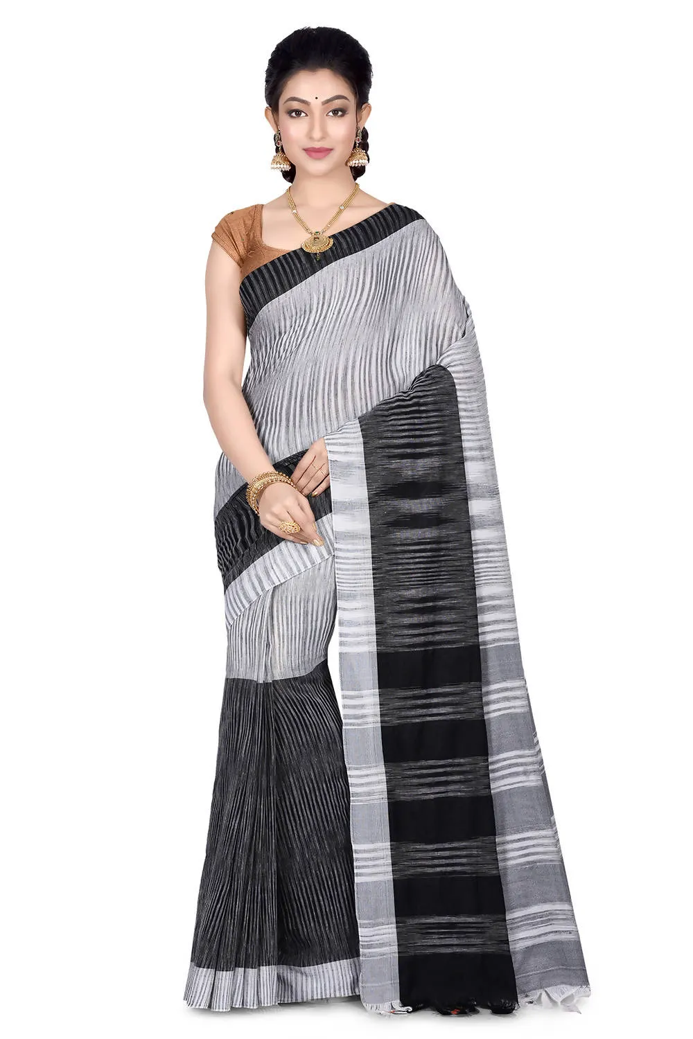 Handwoven White and Black Cotton Saree