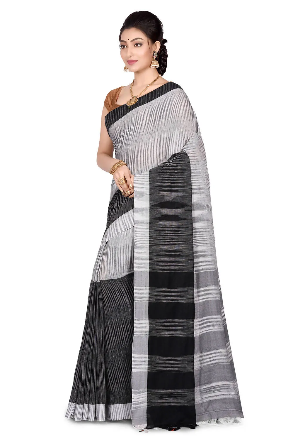 Handwoven White and Black Cotton Saree