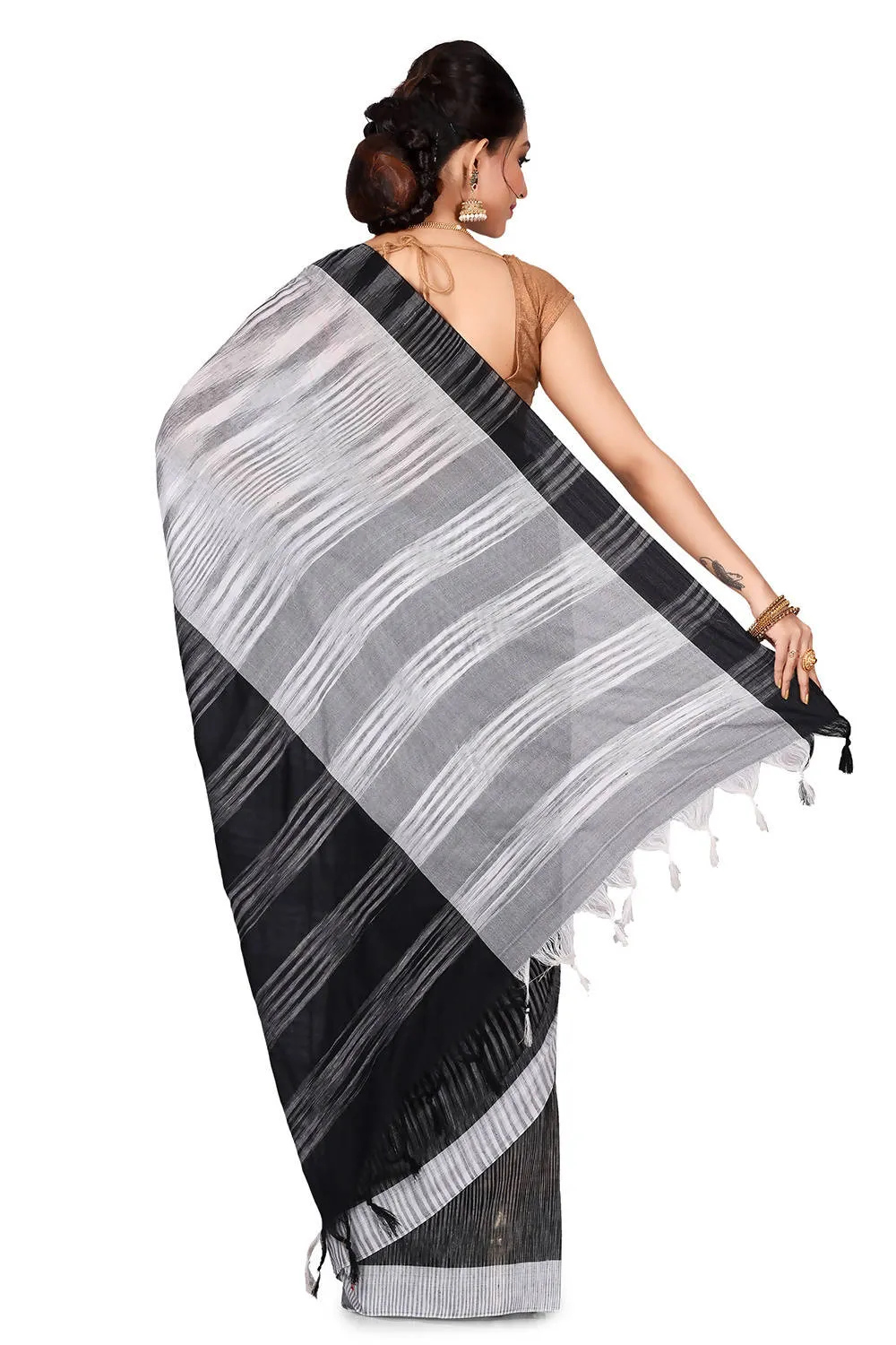 Handwoven White and Black Cotton Saree