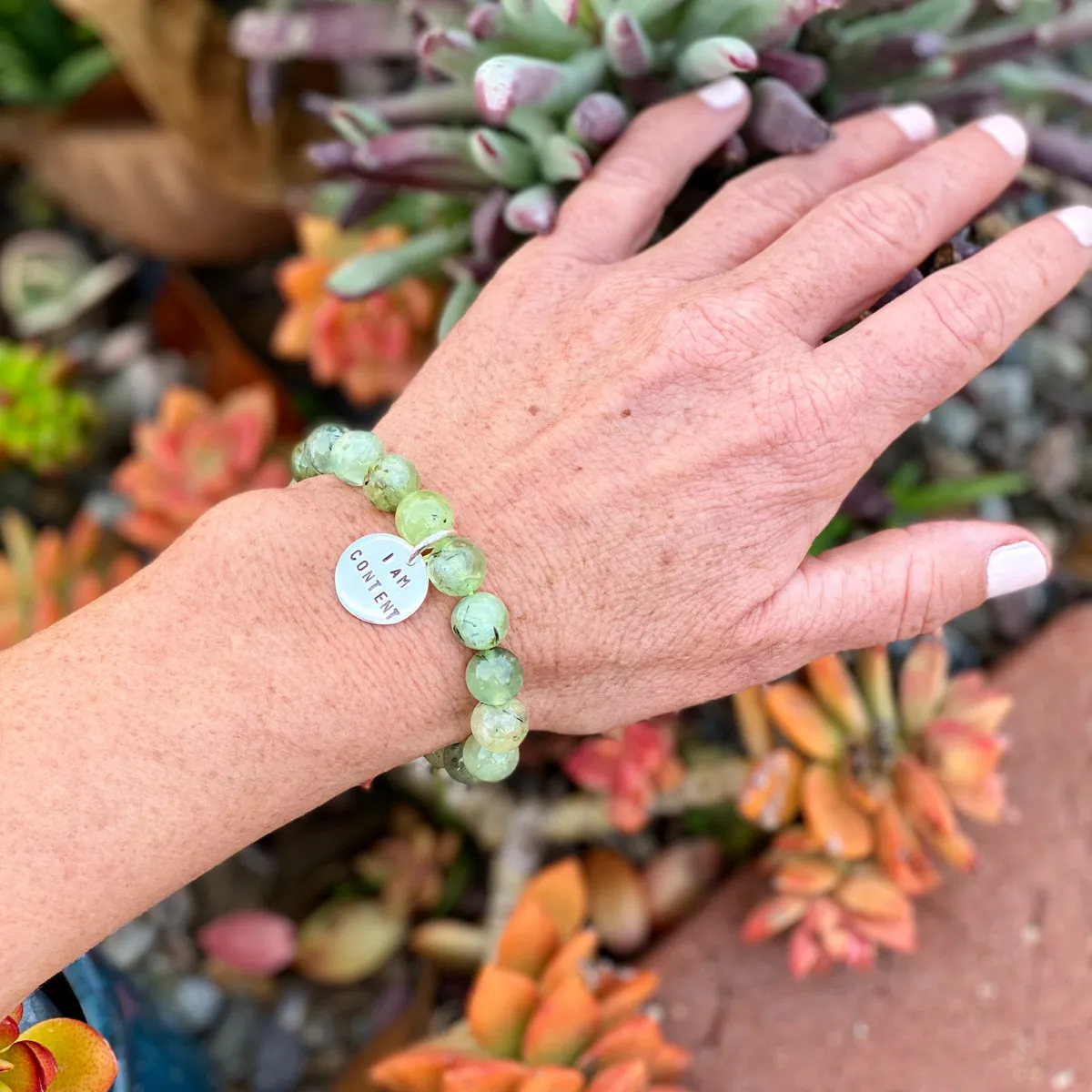 I am Content Affirmation Bracelet with Prehnite to Help Feel Happy